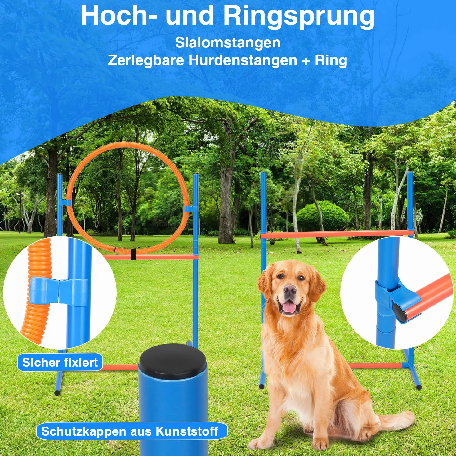 Herrselsam Agility zestaw sprzętu dla psów, zestaw sprzętu zwinnościowego dla psów, akcesoria do treningu psa, przeszkoda, pierścień do skakania, tunel dla psa, 8 drążków slalomowych, piłka, fajka,