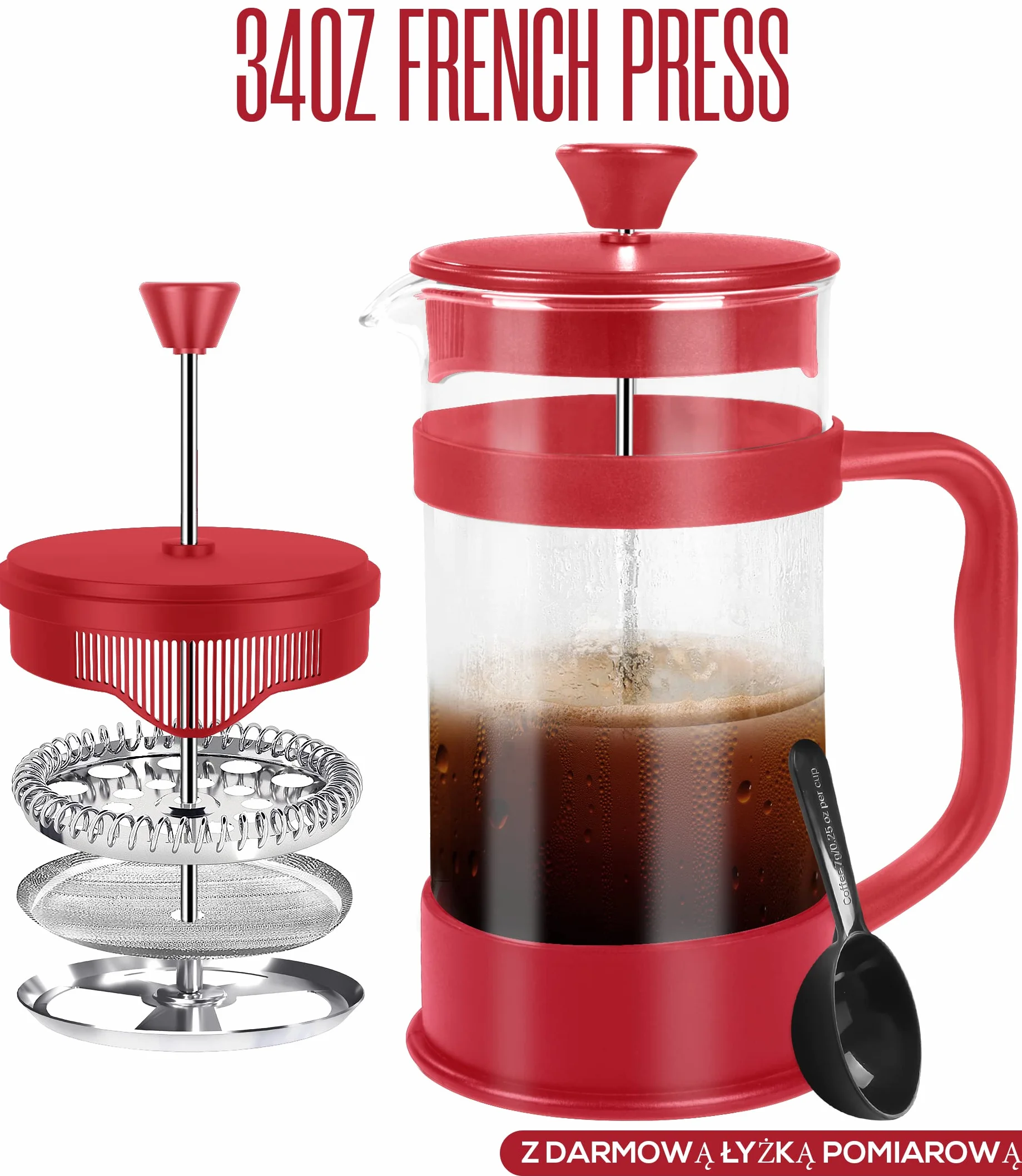 Kichly French Press coffee maker, coffee and tea maker with triple filter, heat resistant glass with steel plunger (Czerwony1000 ml)