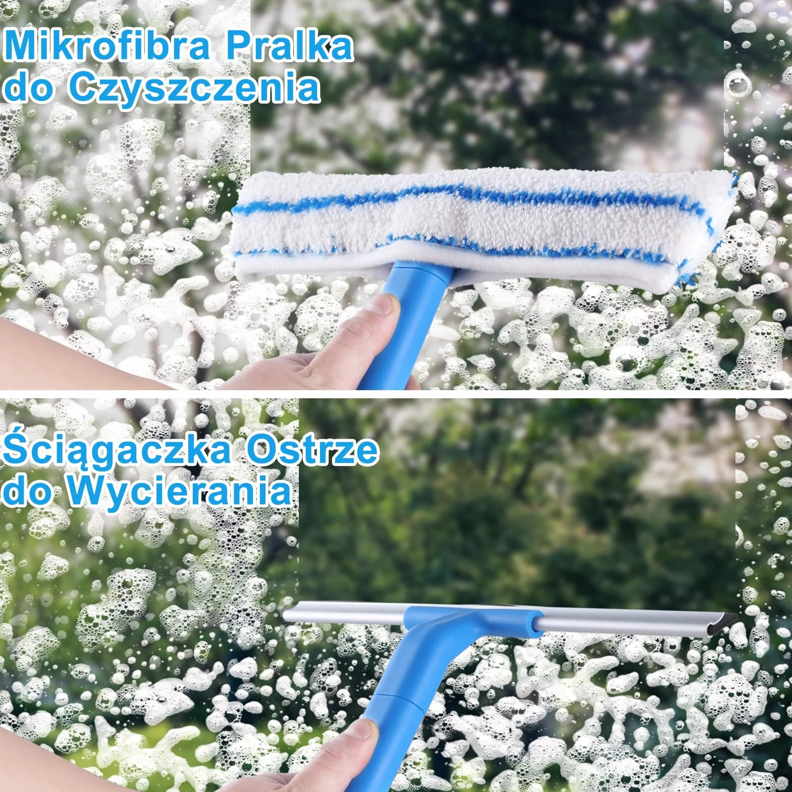 Mitclear Profesjonalny Zestaw do Czyszczenia Okien z Długim Uchwytem(145cm) - Silikonową Ściągaczka i Ściereczki do Okien z Mikrofibry(30cm) do Szklanych Drzwi Prysznicowych, Luster i Samochodów