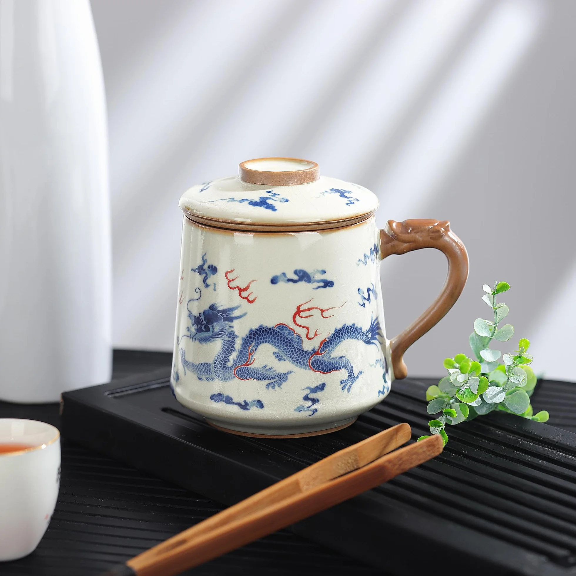 fanquare Chińskie filiżanki do herbaty z zaparzaczem i pokrywką, niebieskie filiżanki do herbaty Loong, porcelana, duża filiżanka do herbaty, na prezent domowy, 450 ml