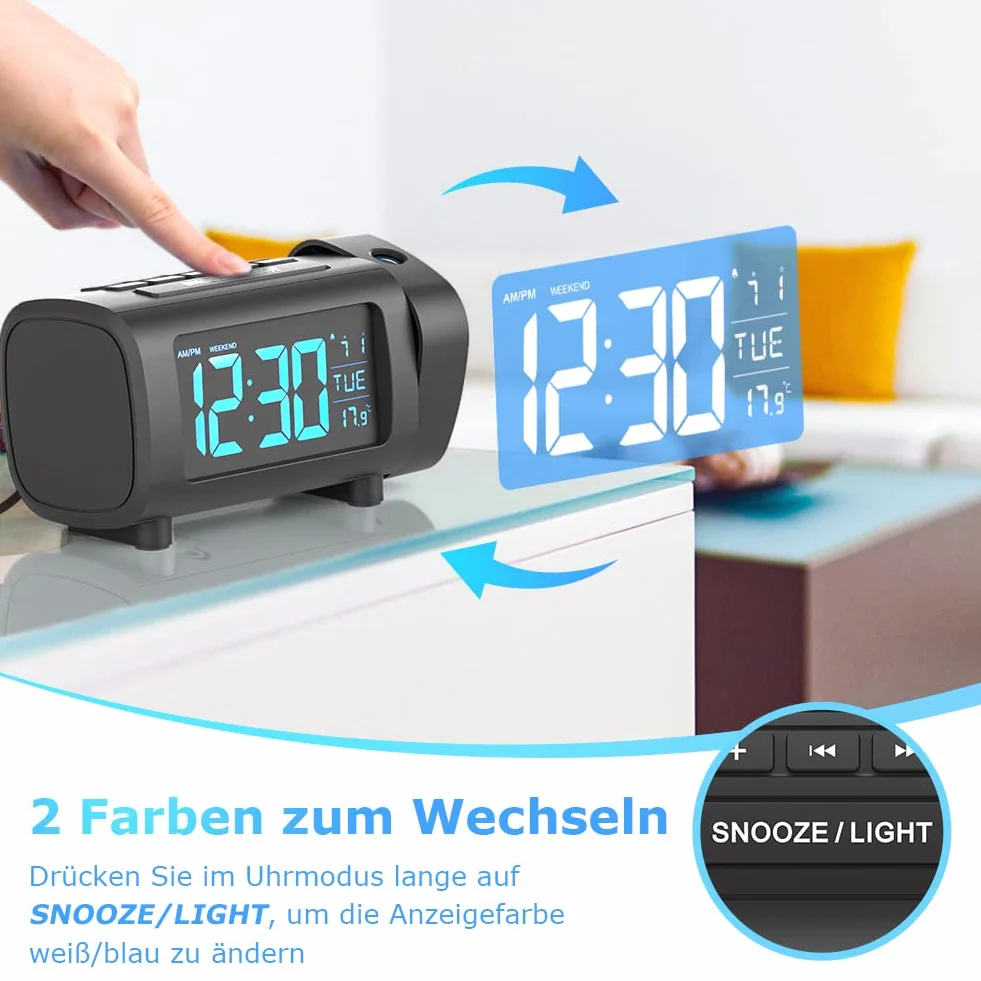 LIORQUE cyfrowy budzik z projektorem, automatyczne wyłączanie, temperatura, radio FM, złącze USB, 2-kolorowe cyfry i 4-stopniowa jasność, tryb weekendowy, funkcja drzemki (czarny)