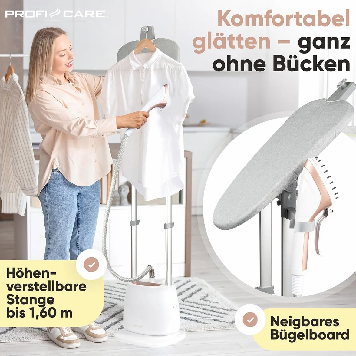 Proficare, Parowiec PC-TDC3128 Biały, 1580 W, 1,5 l, autonomia 40 min, 5 poziomów pary, drążek teleskopowy z możliwością regulacji do 1,60 m, funkcja pary w pionie i poziomie