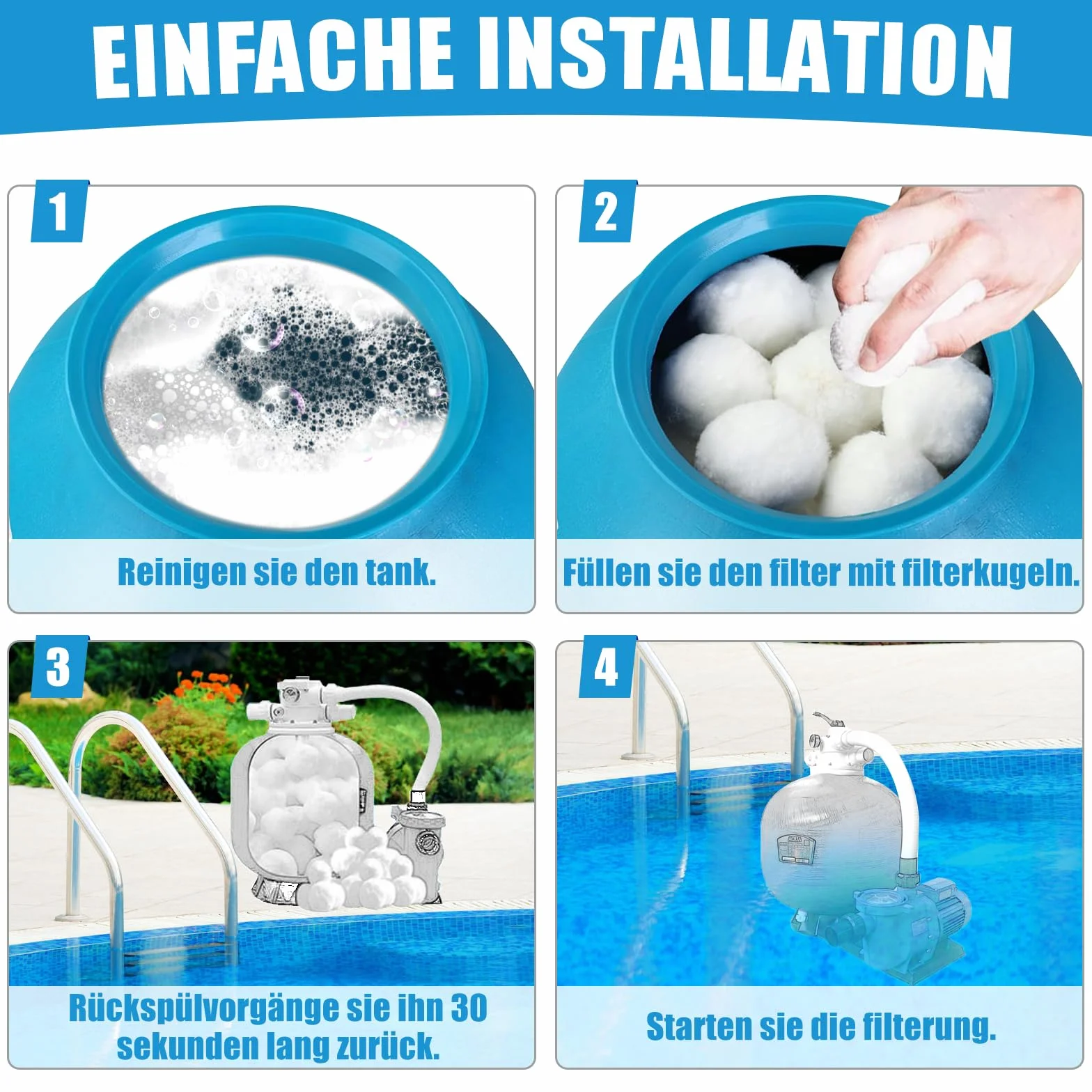 Piłki filtrujące do basenu – 1000 g, kulki filtrujące do instalacji piaskowych, zmywalne kulki filtrujące, 1000 g, zastępują 36 kg piasku filtrującego, nadają się do instalacji filtrujących,