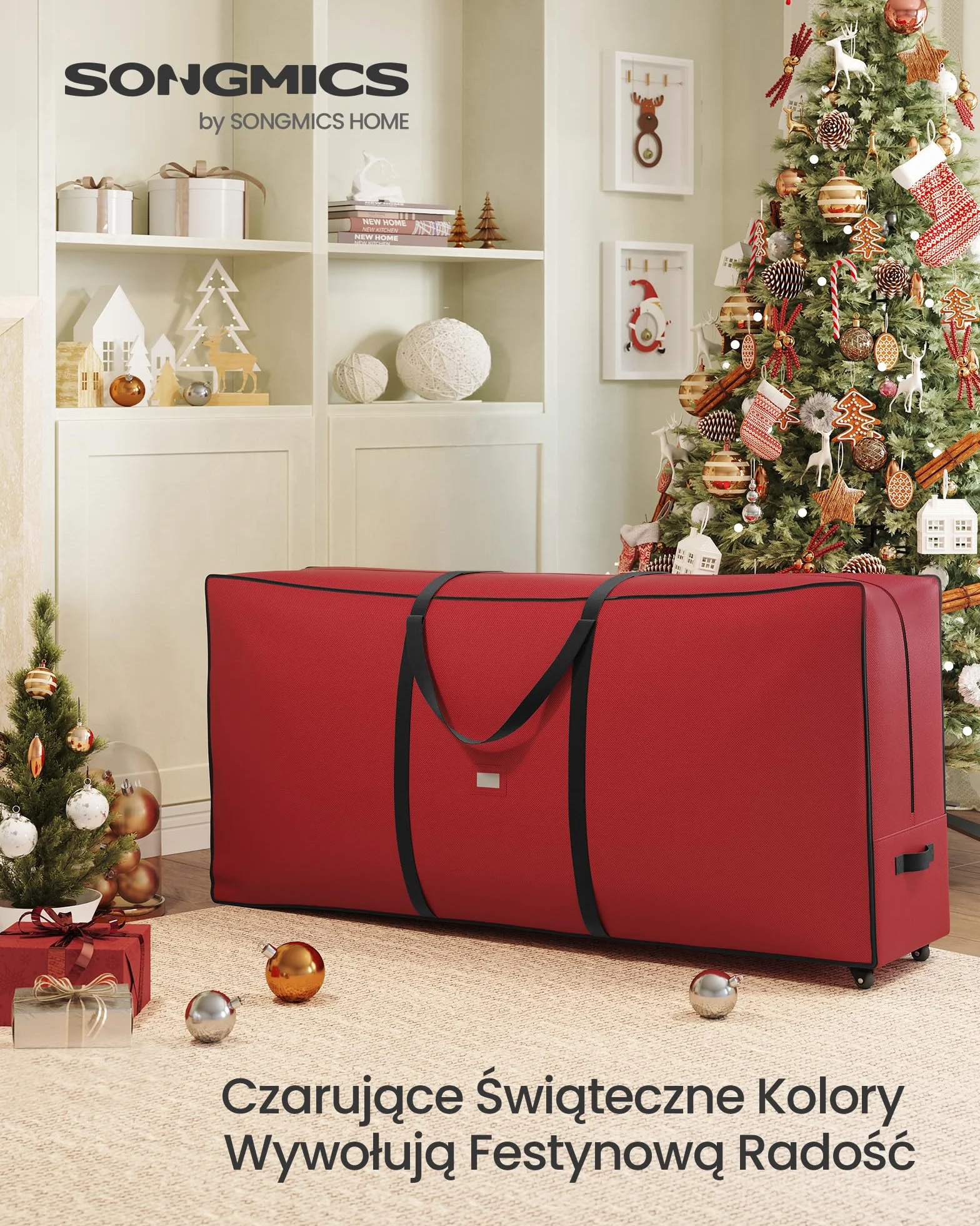 SONGMICS Torba na choinkę z kółkami 4 cm, skrzynia na choinkę do 229 cm, na zdejmowane drzewko, regulowane uchwyty, tkanina Oxford 600D, wiśniowa czerwień RXS004R03