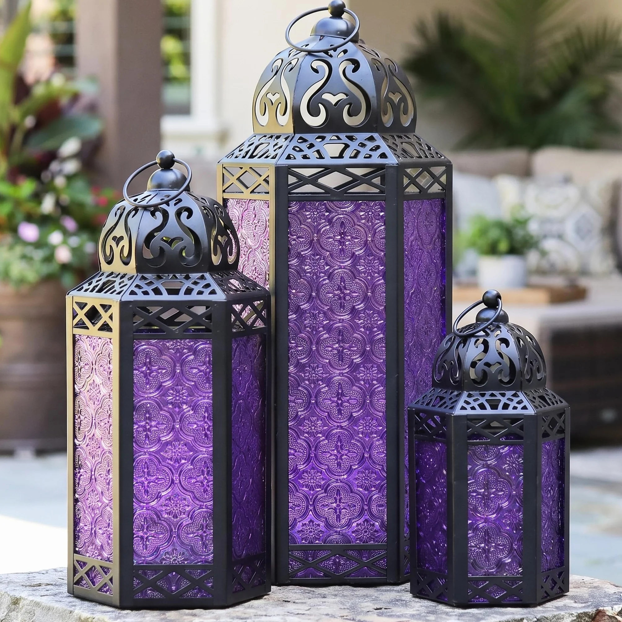 Vela Lanterns Zestaw 3 lampionów marokańskie świeczniki dekoracyjne na podłogę Ramadan dekoracja wnętrz dekoracja domu na zewnątrz patio ganek Halloween ślub fioletowy kolor