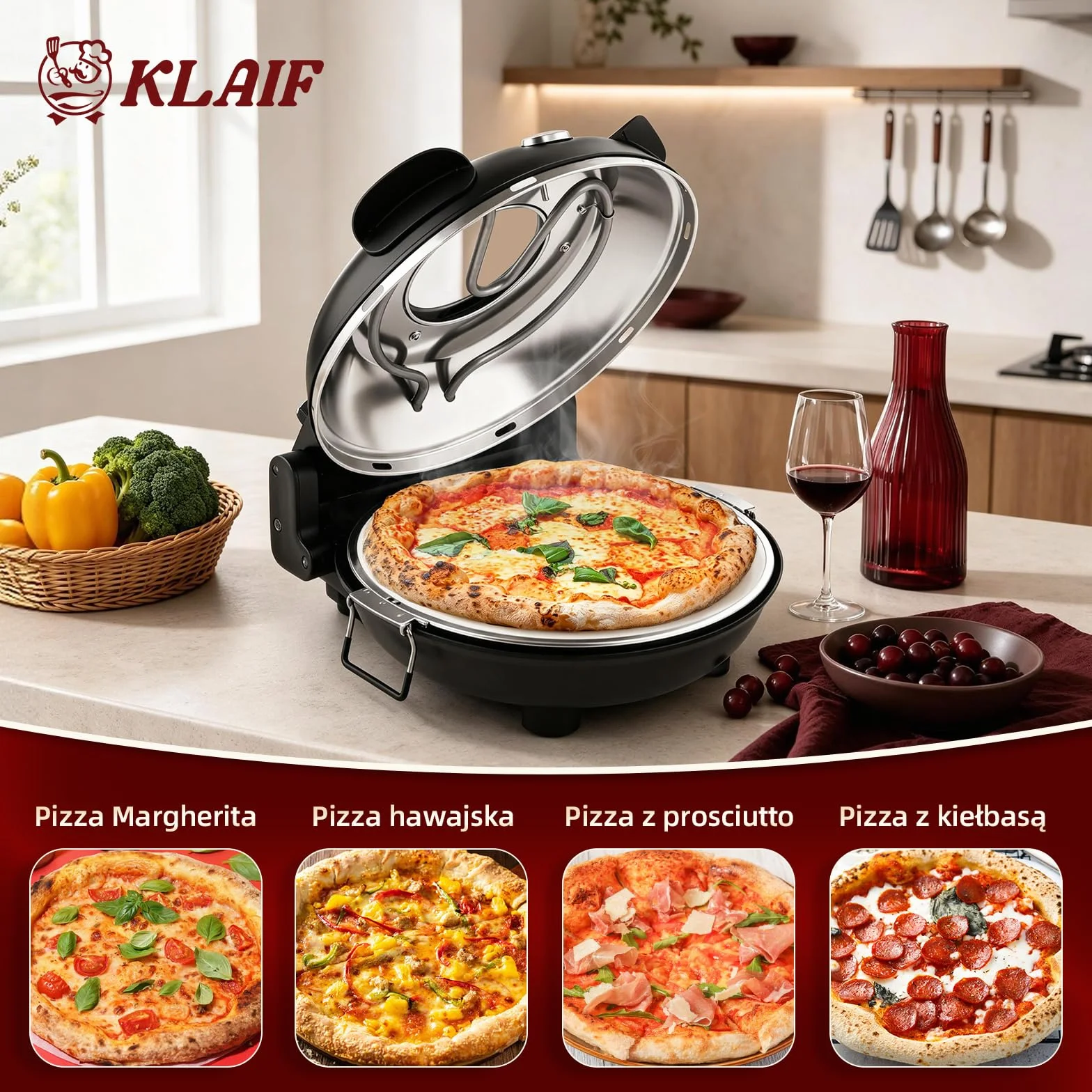 KLAIF Piec elektryczny do pizzy do blatu roboczego z kamieniem ceramicznym 31 cm, dwiema regulowanymi regulatorami temperatury, w zestawie 4 narzędzia do pizzy, LMR-czarny
