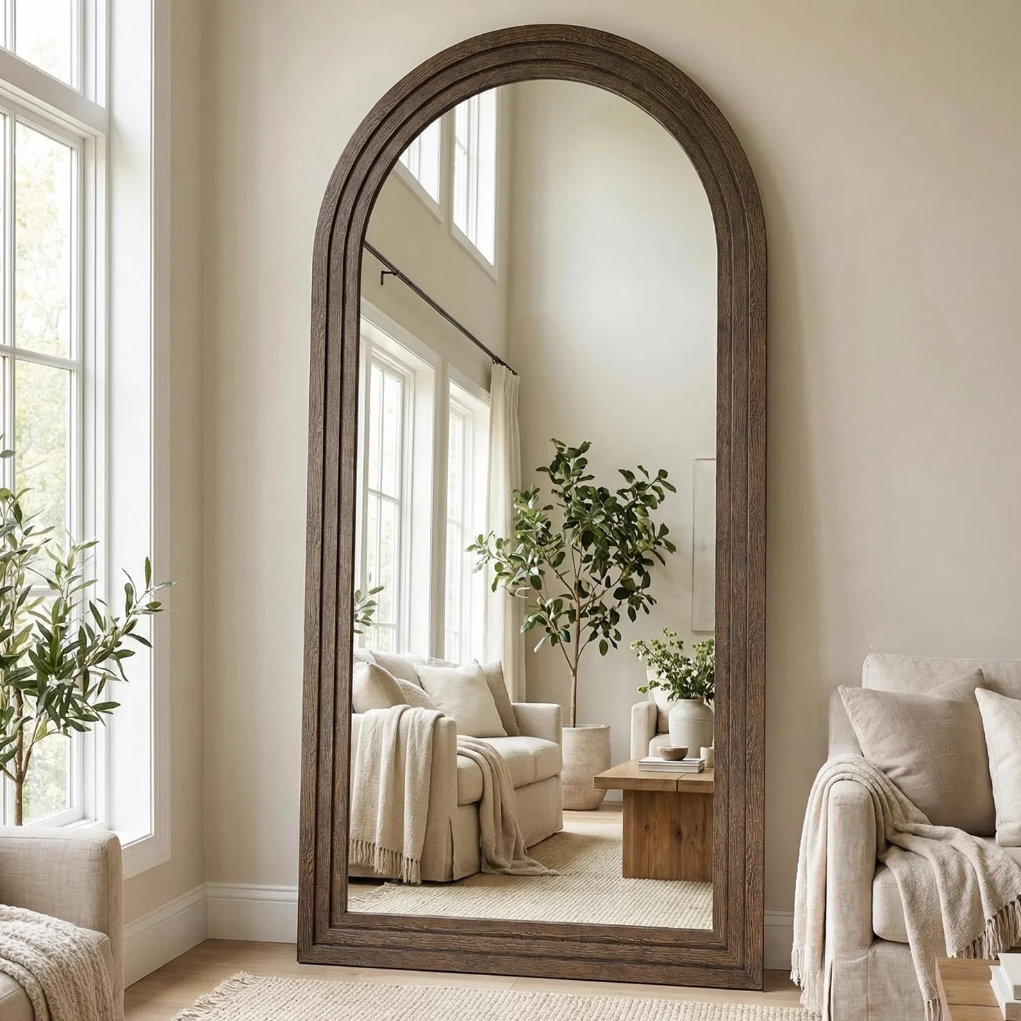 Lustro o pełnej długości, łukowe, 180 x 80 cm, drewniana ściana, pełna długość, postarzane, duże lustro podłogowe do salonu, sypialni, wejścia, brązowe