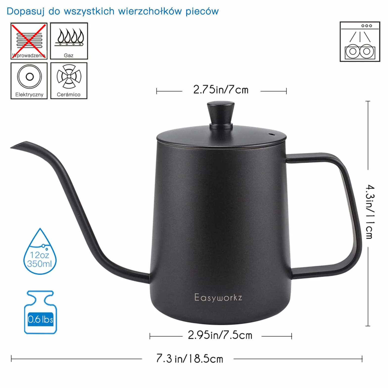 Easyworkz Czajnik przelewowy Dzbanek do kawy ze stali nierdzewnej z gęsią szyją i wąską wylewką 350 ml (czarny)