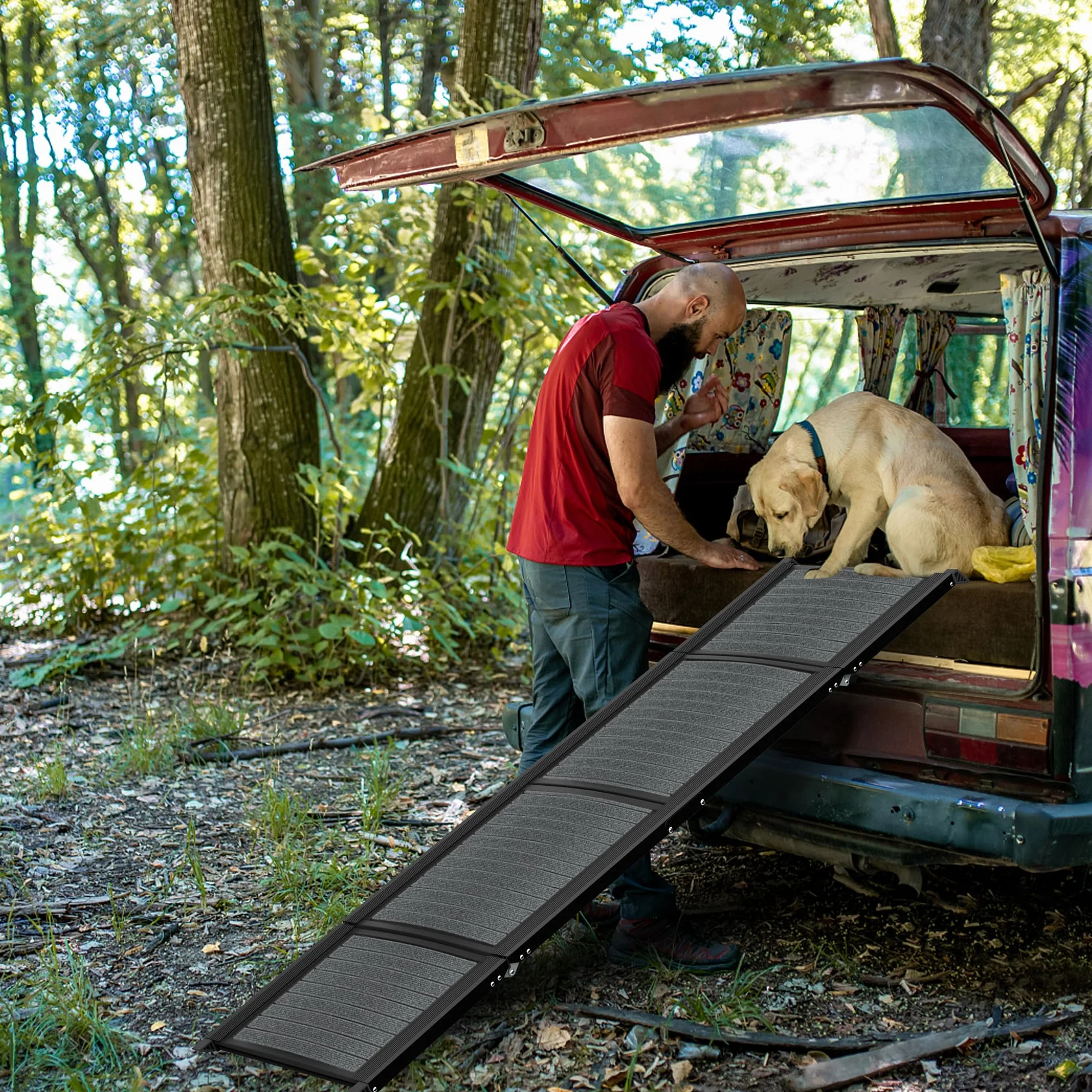 UISEBRT Składana rampa dla psów do samochodów osobowych i SUV-ów, aluminiowa klapa dla psów 157x43 cm, przenośna rampa bezpieczeństwa z antypoślizgową powierzchnią, rampa samochodowa dla psów do 110