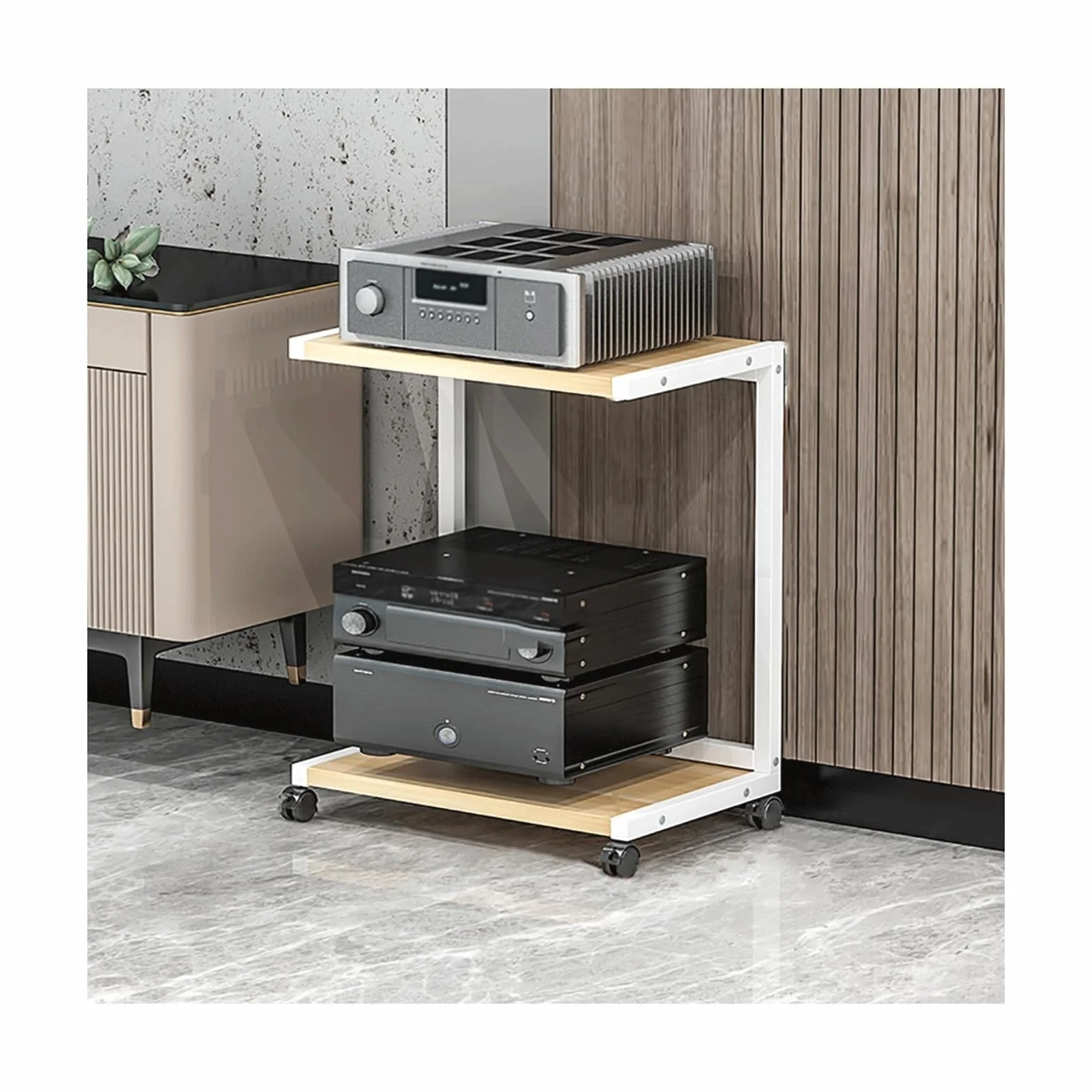 Stojak na multimedia AV, 2/3 poziomy z kółkami, drewniany stojak na gramofon, półki do gier, otwarte elementy stereo, wieża audio do gramofonu, biała, 61 cm