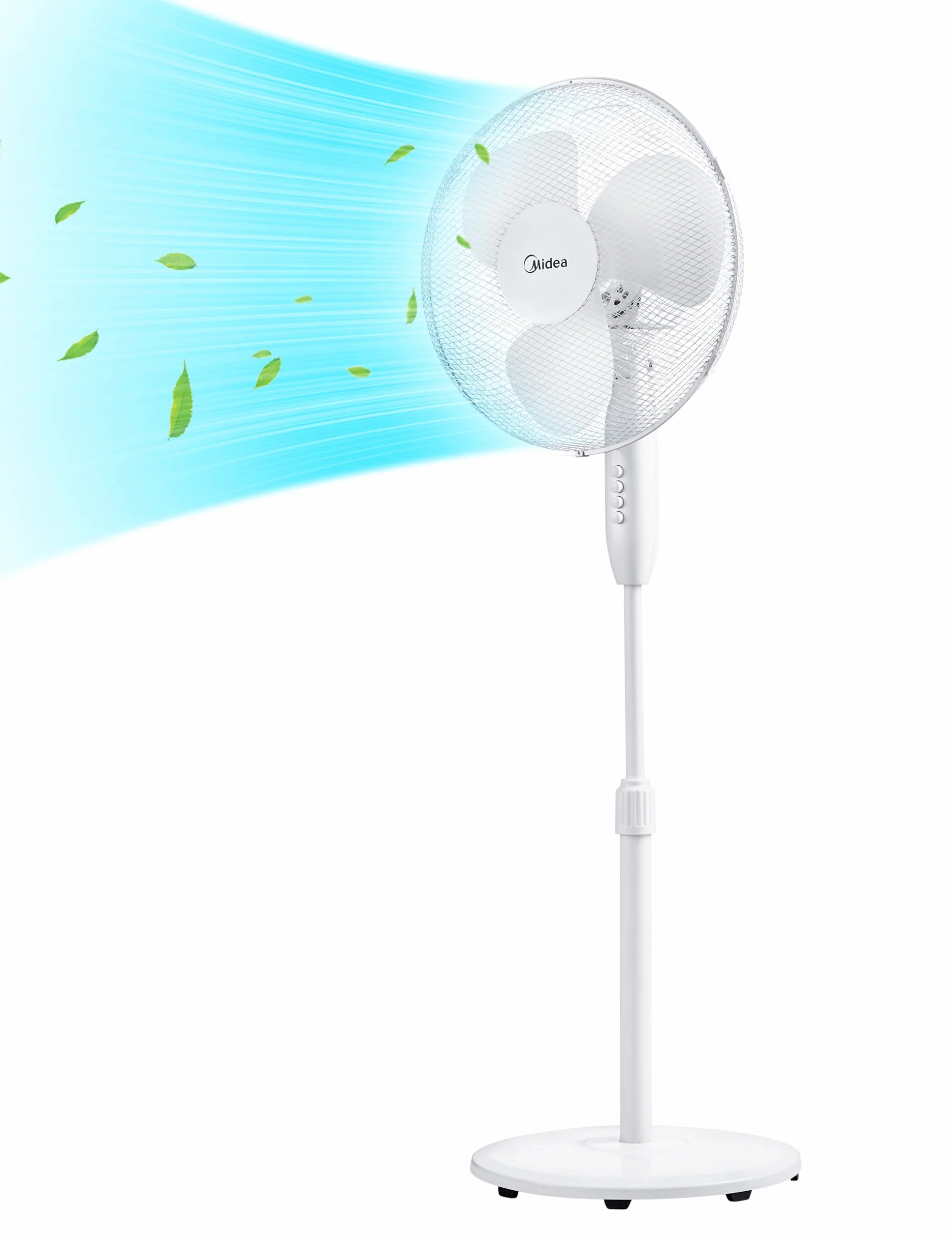 Midea FS40-16JA wentylator stojący, duża siła wiatru, duża objętość powietrza, moc 40 W, cicha praca 55 dB-65 dB, regulacja wysokości: do 130 mm, regulacja trzech prędkości