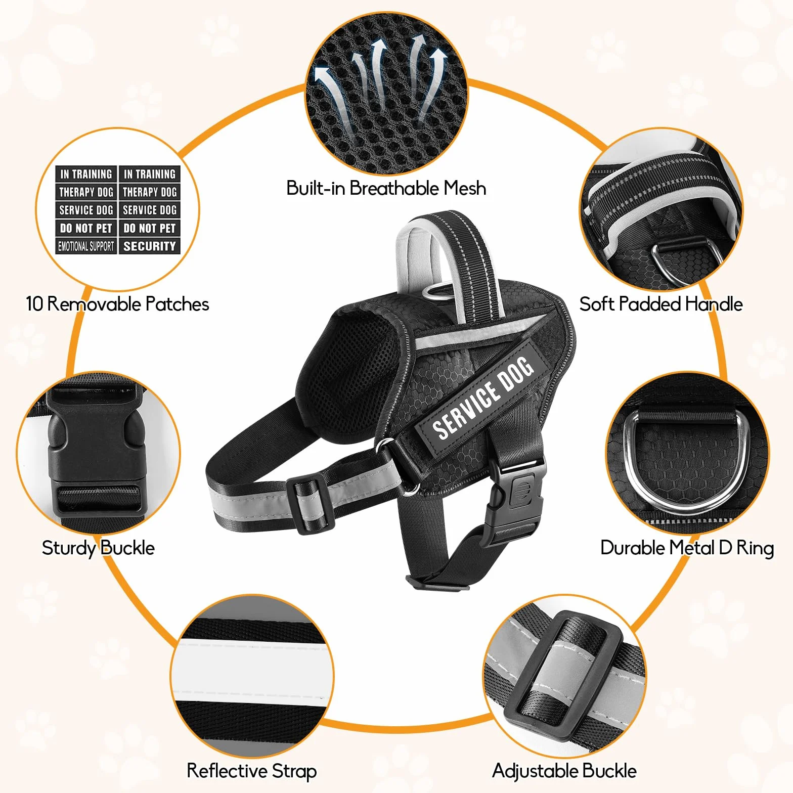 Animire Service Dog Vest Harness and Leash Set with 10 Patches, Reflective Leash Padded Handle for Dogs (Black, M)