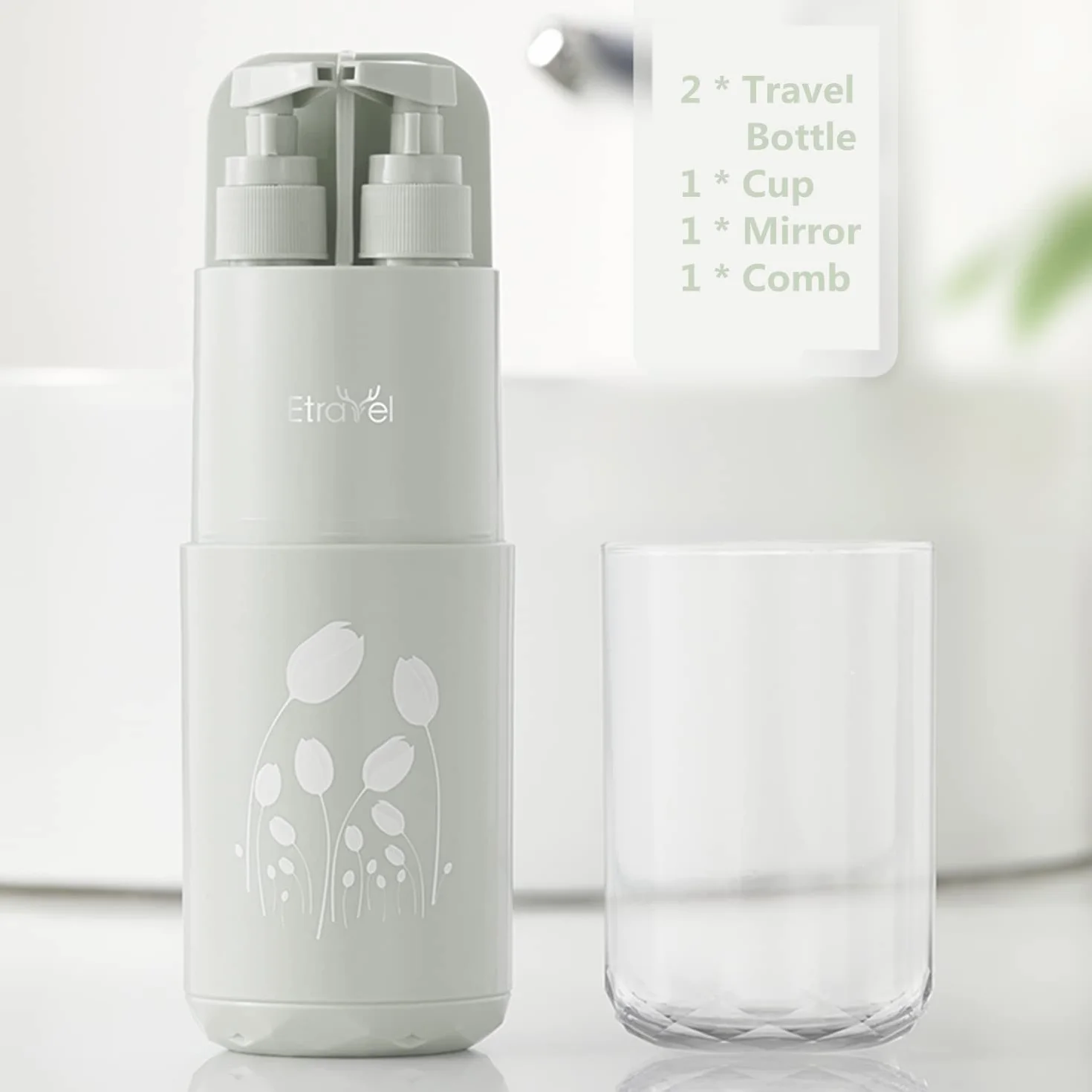 Kubki podróżne – przenośne etui na szczoteczki do zębów z lustrem, grzebieniem, 2 x dozownik mydła 45 ml, na kemping i podróże służbowe, szary