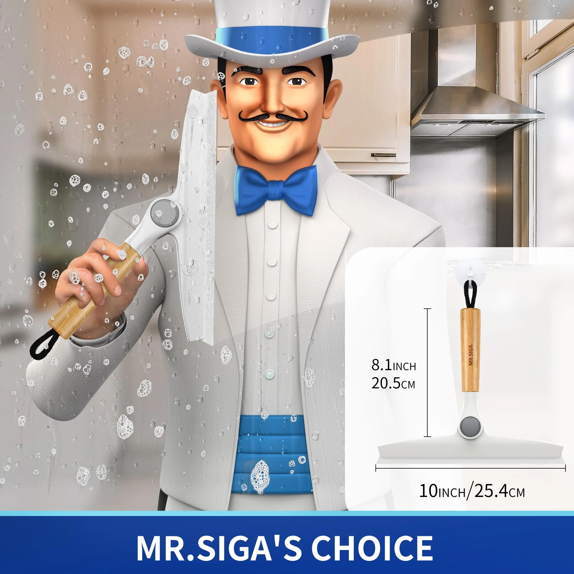 MR.SIGA Uniwersalna ściągaczka silikonowa do drzwi prysznicowych, lustra, szkła, ściągaczka prysznicowa bez smug, obrotowa rączka bambusowa, zawiera 1 haczyk ssący, szerokość 10 cali, opakowanie 1 szt