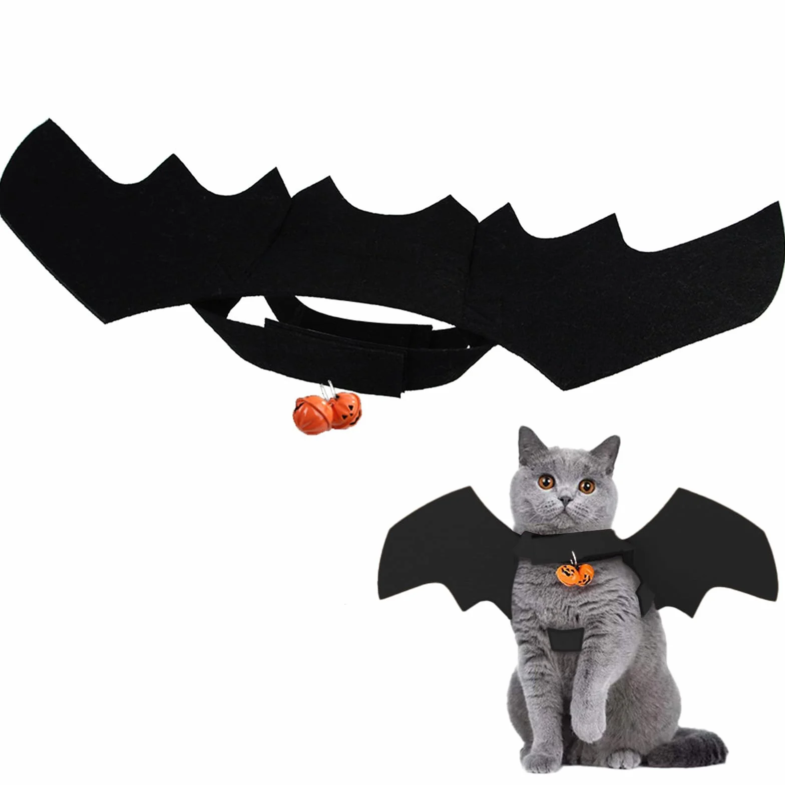 GWAWG Skrzydła nietoperza dla zwierząt domowych, kostium na Halloween, regulowane skrzydła wampira z dzwonkami dyniowymi, fantazyjny strój dla kota, psa, na Halloween, cosplay, urocze akcesoria
