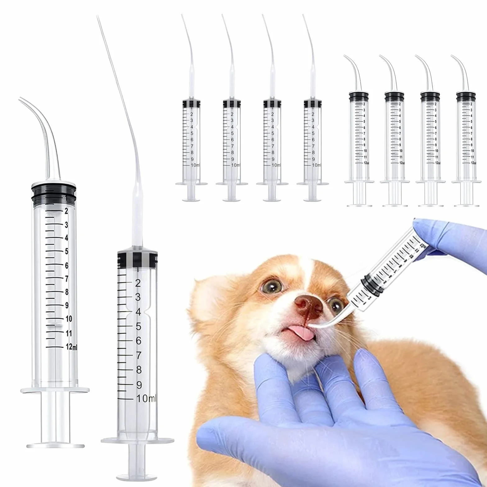 Strzykawki do karmy z zakrzywioną końcówką, 10 ml, wielokrotnego użytku, z cienkim wężem, dla szczeniaków, kociąt i małych zwierząt domowych, 10 ml