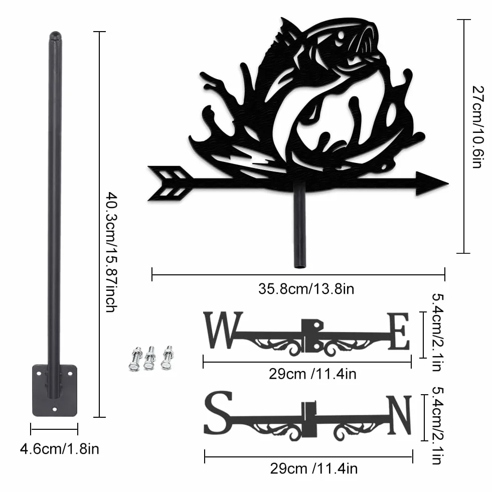 INFUNLY Ryba wiatrowskaz - czarny metalowy wiatrak z dokładnym wskaźnikiem kierunku wiatru - 35 cm x 27 cm - dekoracja padoku na dach ogrodowy