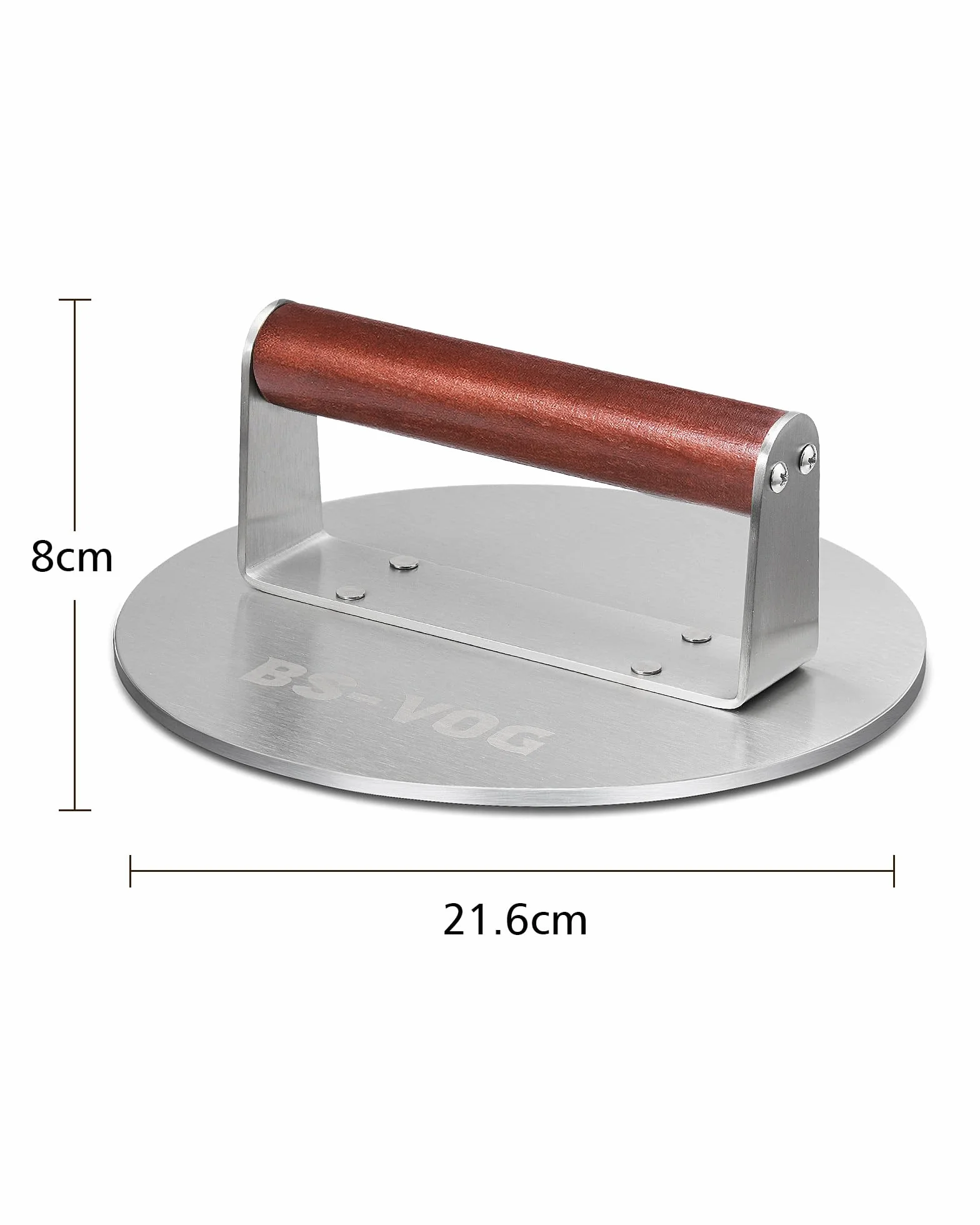 BS-VOG Prasa do burgerów smash 21,6 cm, ciężka waga 1,15 kg, z drewnianym uchwytem, ze stali nierdzewnej, do mięsa, kotletów, steków, bekonu, kiełbas, profesjonalne narzędzie akcesoriów do grilla