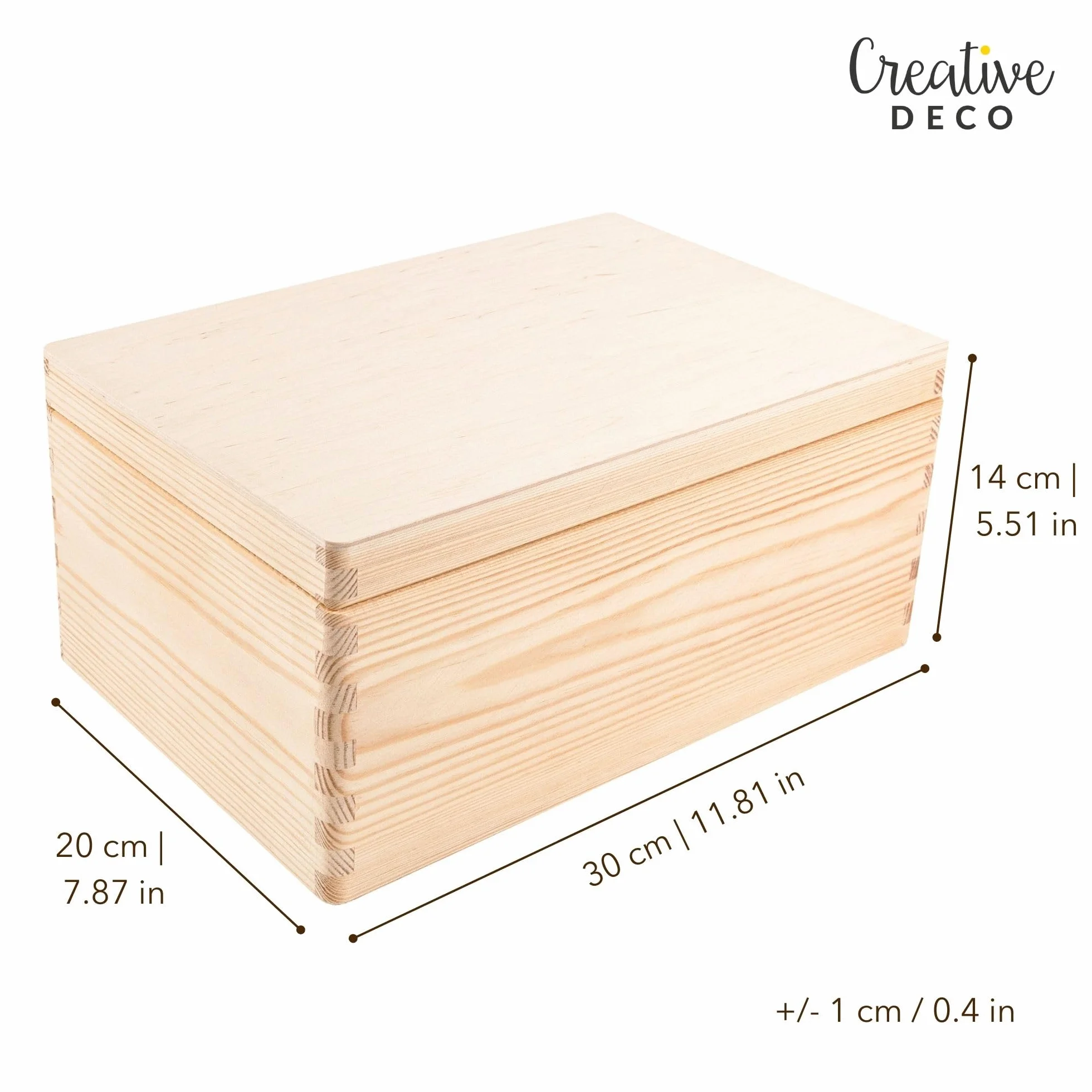Creative Deco Duże Drewniane Pudełko z Pokrywą do Dekoracji | 30 x 20 x 13 cm (+/- 1cm) | Bez Uchwytów | Niemalowana Skrzynia z Drewna | Wielkanoc Dokumenty Zabawki Narzędzia | SUROWE i NIEOSZLIFOWANE