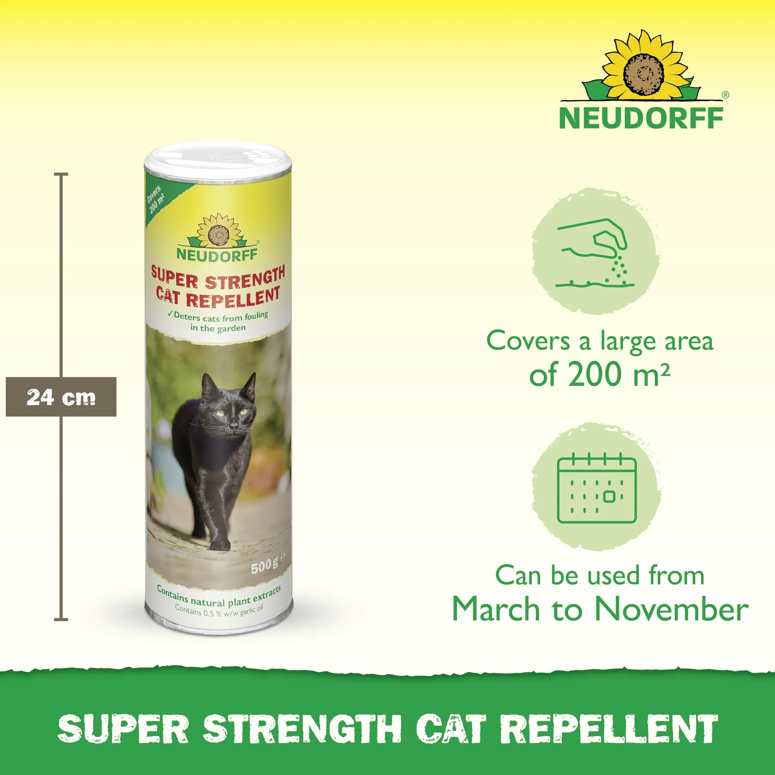 Neudorff Super Strength odstraszacz kotów – gotowy do użycia środek odstraszający skutecznie odstrasza koty bez ich szkody – pokrywa 200 m², 500 g