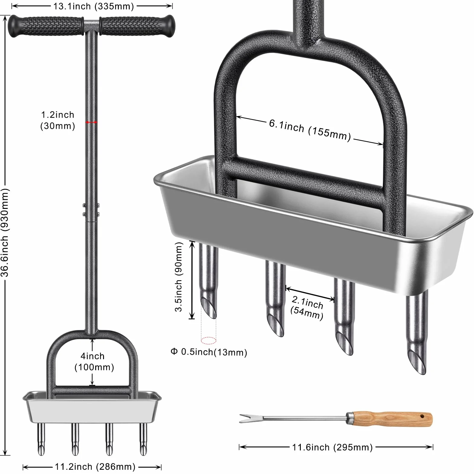 Dolibest Aerator rdzenia trawnika, narzędzie do napowietrzania trawy z wydrążonymi zębami, długi uchwyt, ręczny korek do gleby ogrodowej, 4 bolce, wytrzymały rdzeń, kolce napowietrzające, miękki