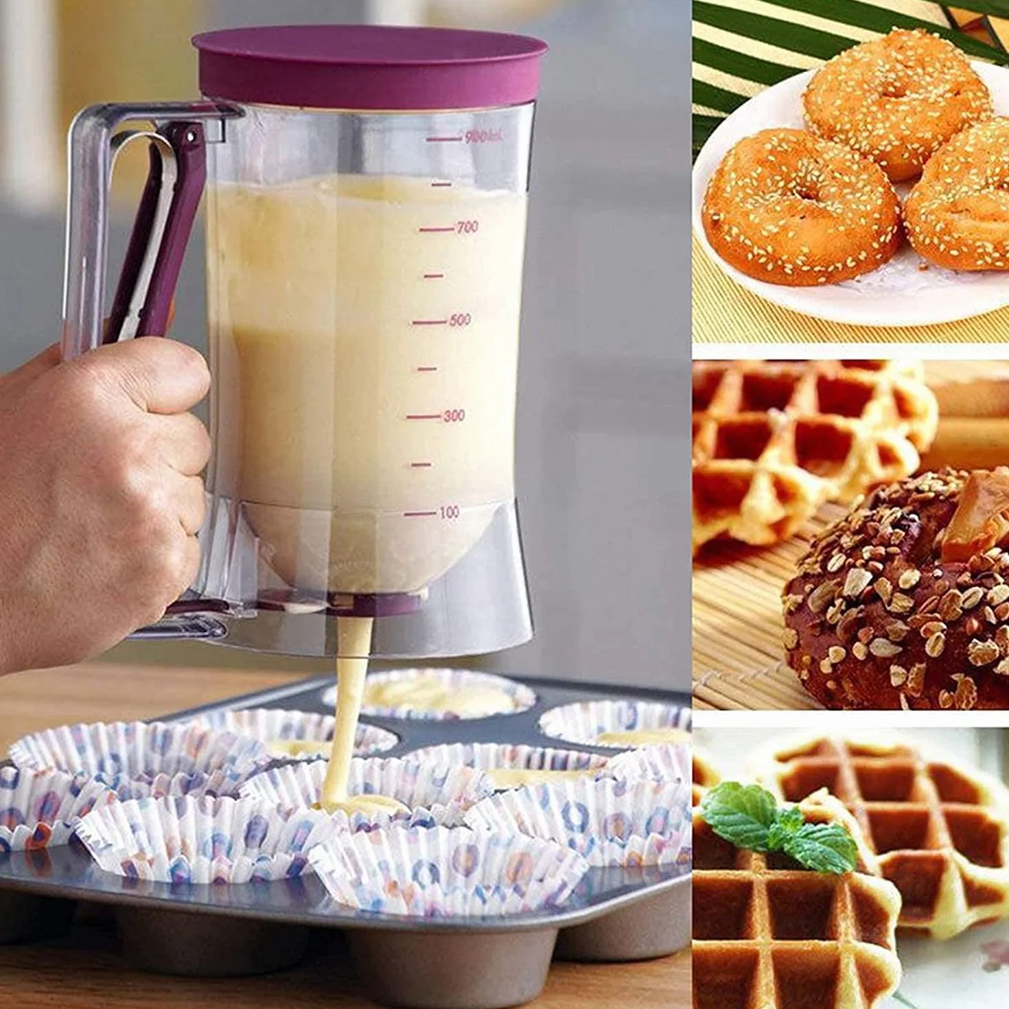 Dozownik do ciasta z pokrywką i skalą, do samodzielnego pieczenia ciasta, do ciast, naleśników, muffinek, 900 ml