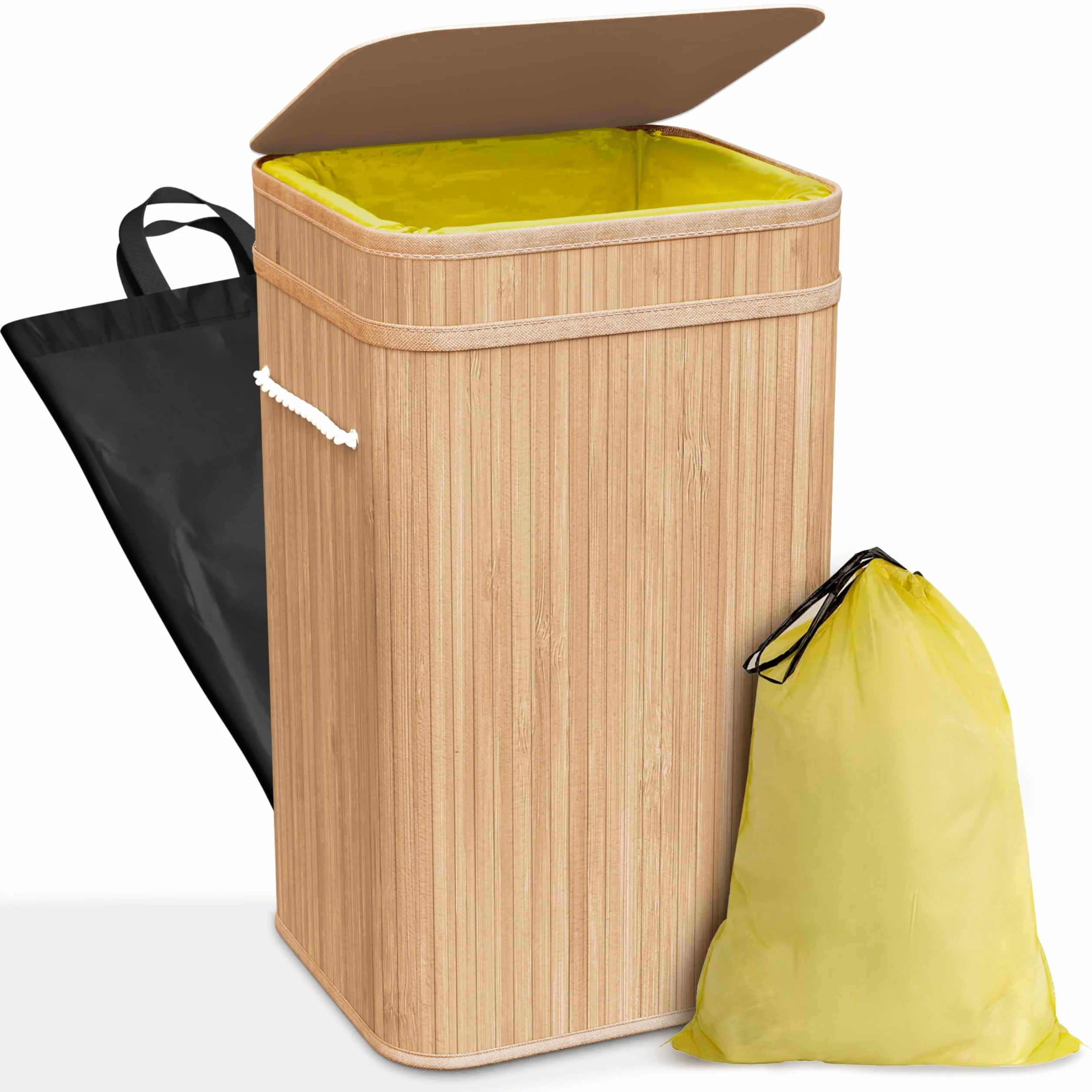 COTTARA® żółty stojak na worki na śmieci z pokrywką, kosz na śmieci na żółte worki z bambusowego pojemnika z wciąganym, zmywalnym wkładem wewnętrznym, 60-120L system na śmieci, pojemnik na recykling