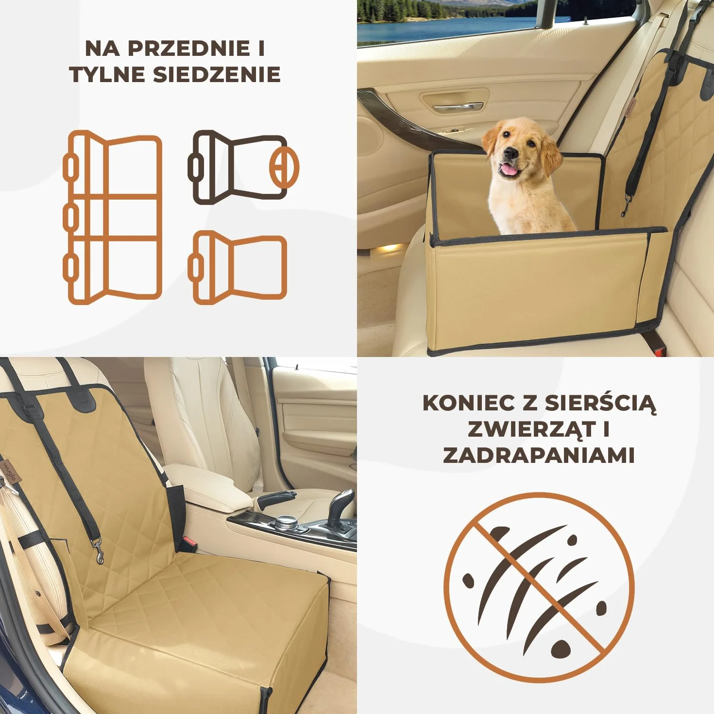 Fotelik Samochodowy dla Psa Wodoodporny Wzmocnione Ściany 3 Pasy Beżowy