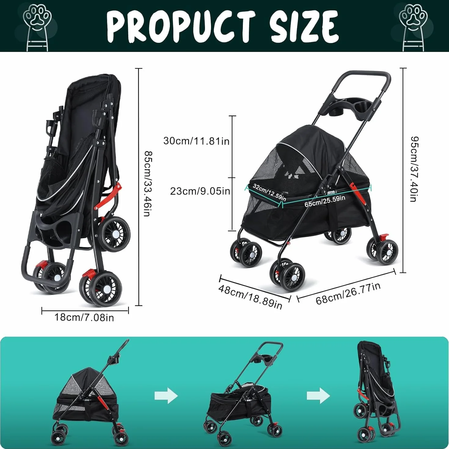 Wózek dla psa 2 w 1 dla psów i kotów do 20 kg – składany, 4 x podwójne koła 360°, uchwyt na napoje, wygodny system transportowy z uchwytem do noszenia, miejscem do przechowywania i pasami