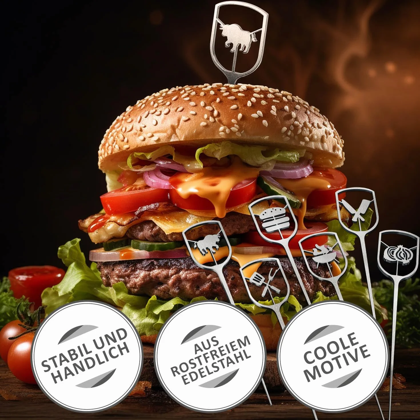 6x szaszlyki do burgerów ze stali nierdzewnej - szaszlyki metalowe z szeroka, dziurkowana powierzchnia chwytna - szaszlyki grillowe - szaszlyki do serwowania (06 sztuk)