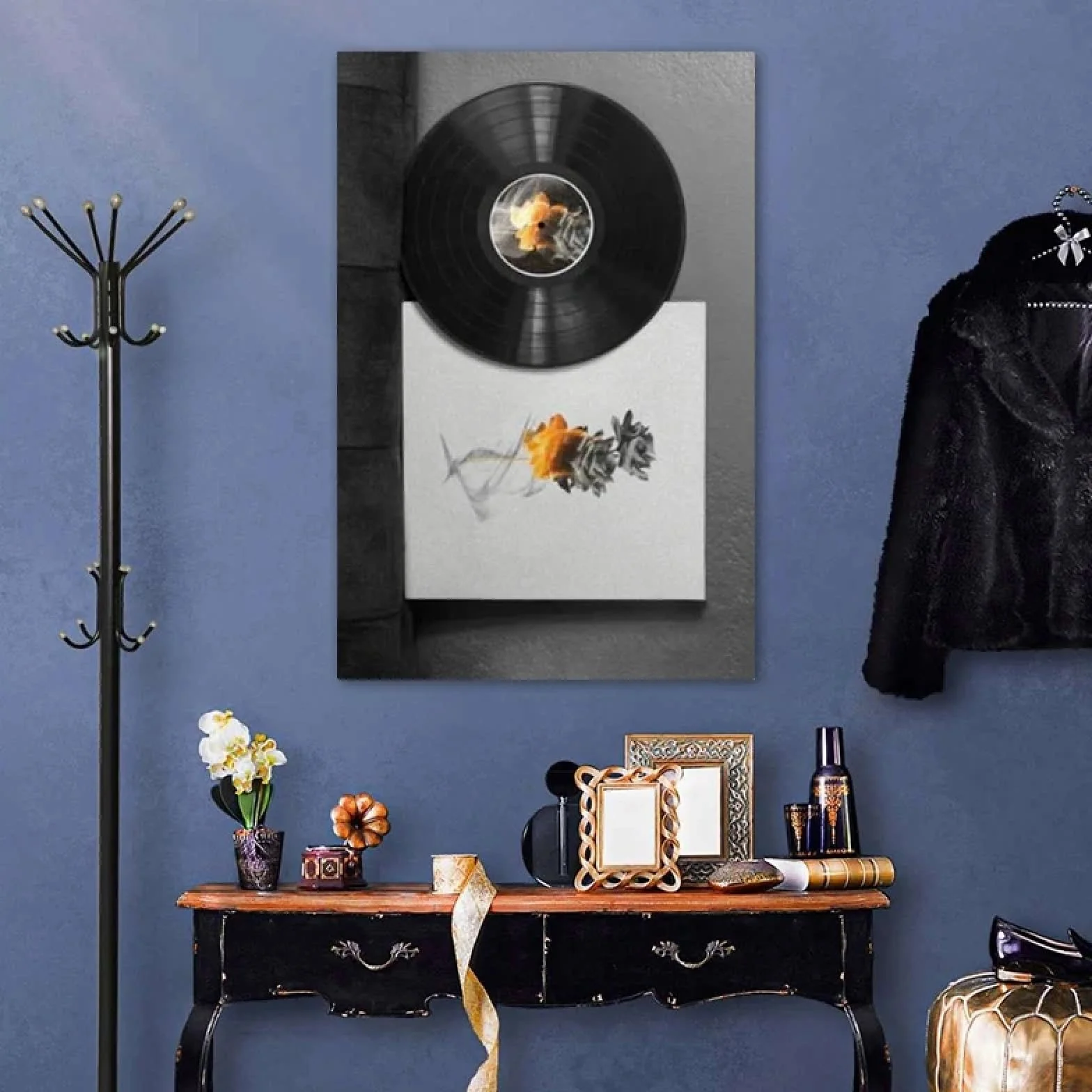CHAOJIART Plakat z płytą winylową w stylu retro, abstrakcyjna płonąca róża, druk na płótnie, sztuka ścienna, obraz do salonu, dekoracja domu w stylu vintage, 80 x 120 cm, rama wewnętrzna