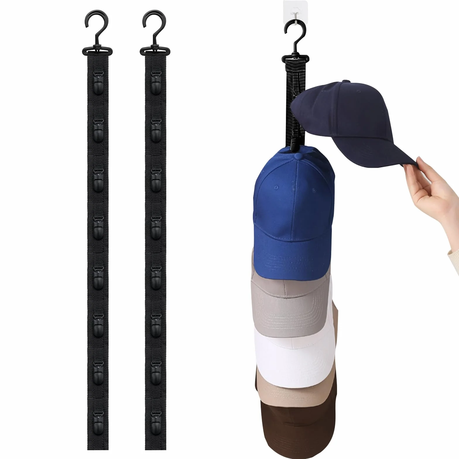 Uchwyt na czapkę, stojak na czapkę, wieszak ścienny z 8 klipsami do przechowywania, do przechowywania czapek z daszkiem, czapek z daszkiem, 72,5 cm, 2 sztuki