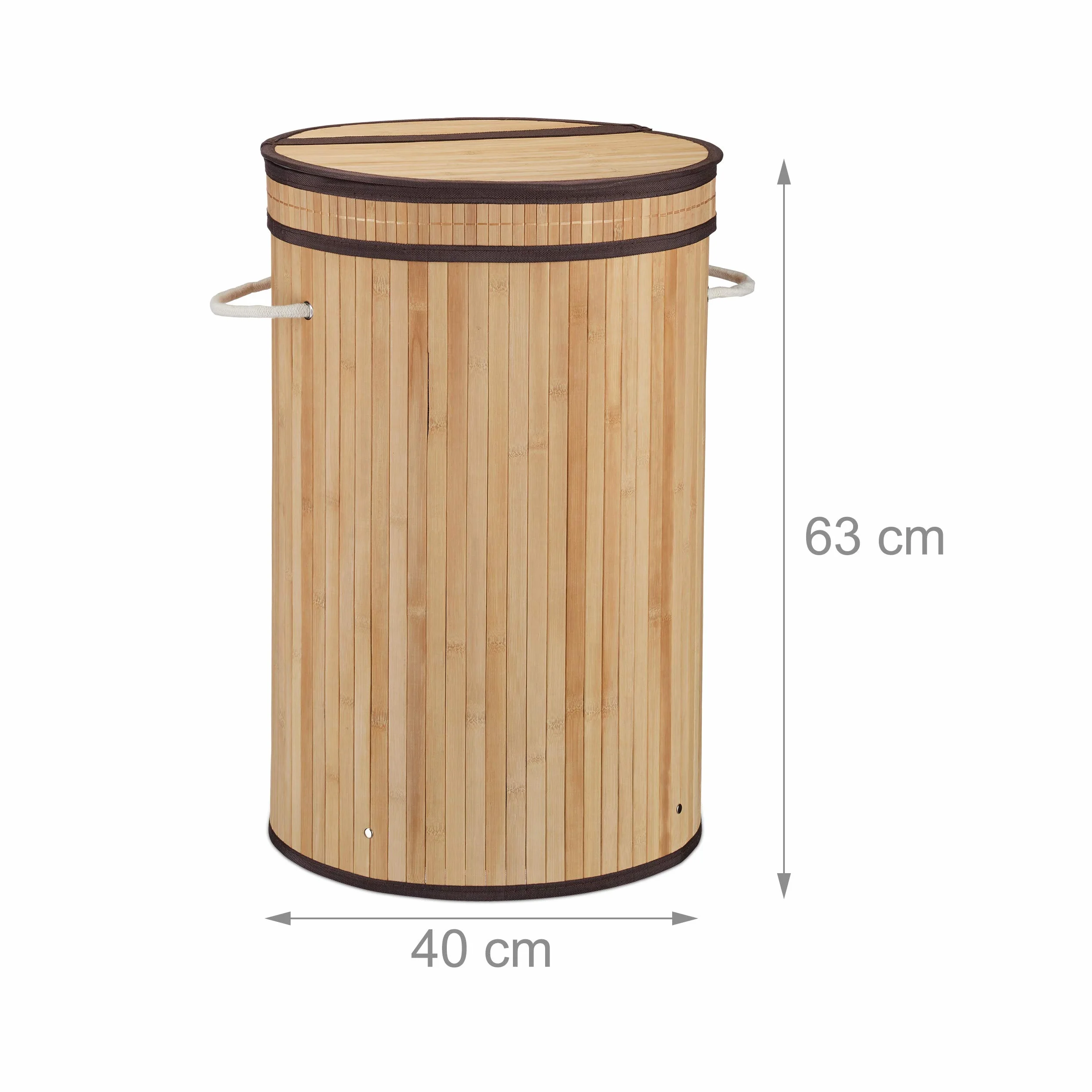 Relaxdays Bambusowy kosz na pranie, okrągły kosz na pranie z pokrywą na zawiasach, 65 l, składany pojemnik na pranie, okrągły, Ø 40 cm, naturalny