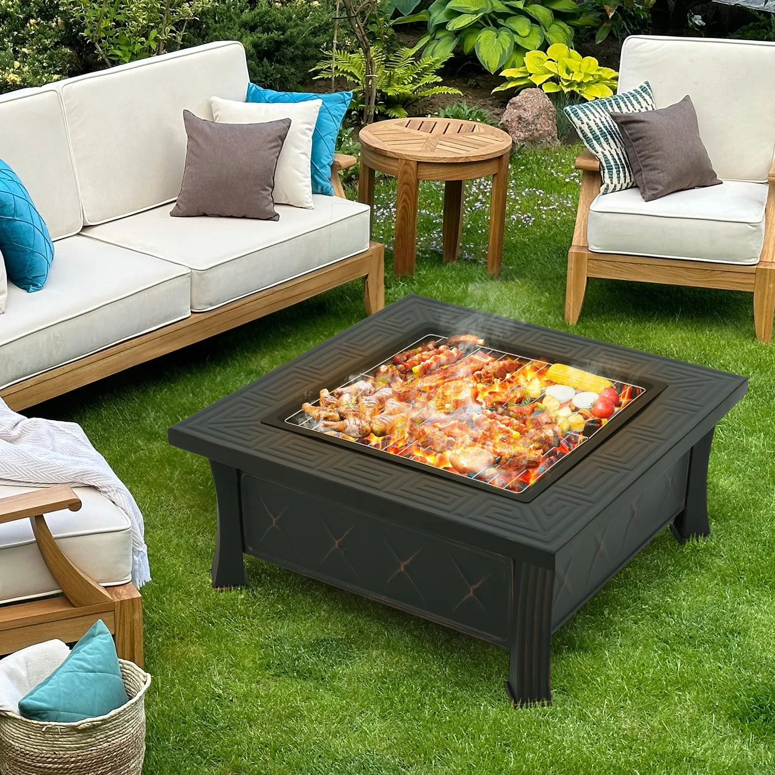 Palenisko do grillowania i ochrony przed iskrami, 3 w 1, kwadratowe z pokrywą, do ogrodu, BBQ, kempingu, ogrzewanie tarasu, 81x81x51 cm