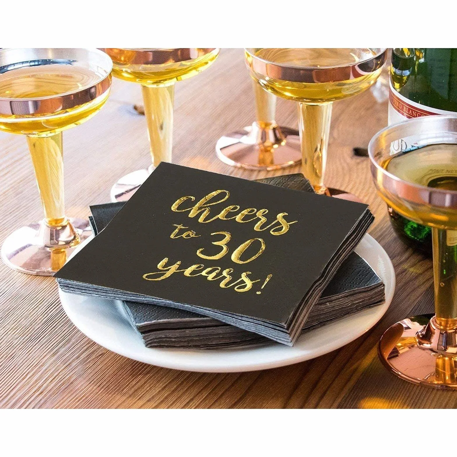 Zestaw 50 serwetek Cheers to 30 lat, 3-warstwowe papierowe serwetki, dekoracje na 30. urodziny dla mężczyzn i kobiet, impreza rocznicowa, czarno-złote, 25 x 25 cm