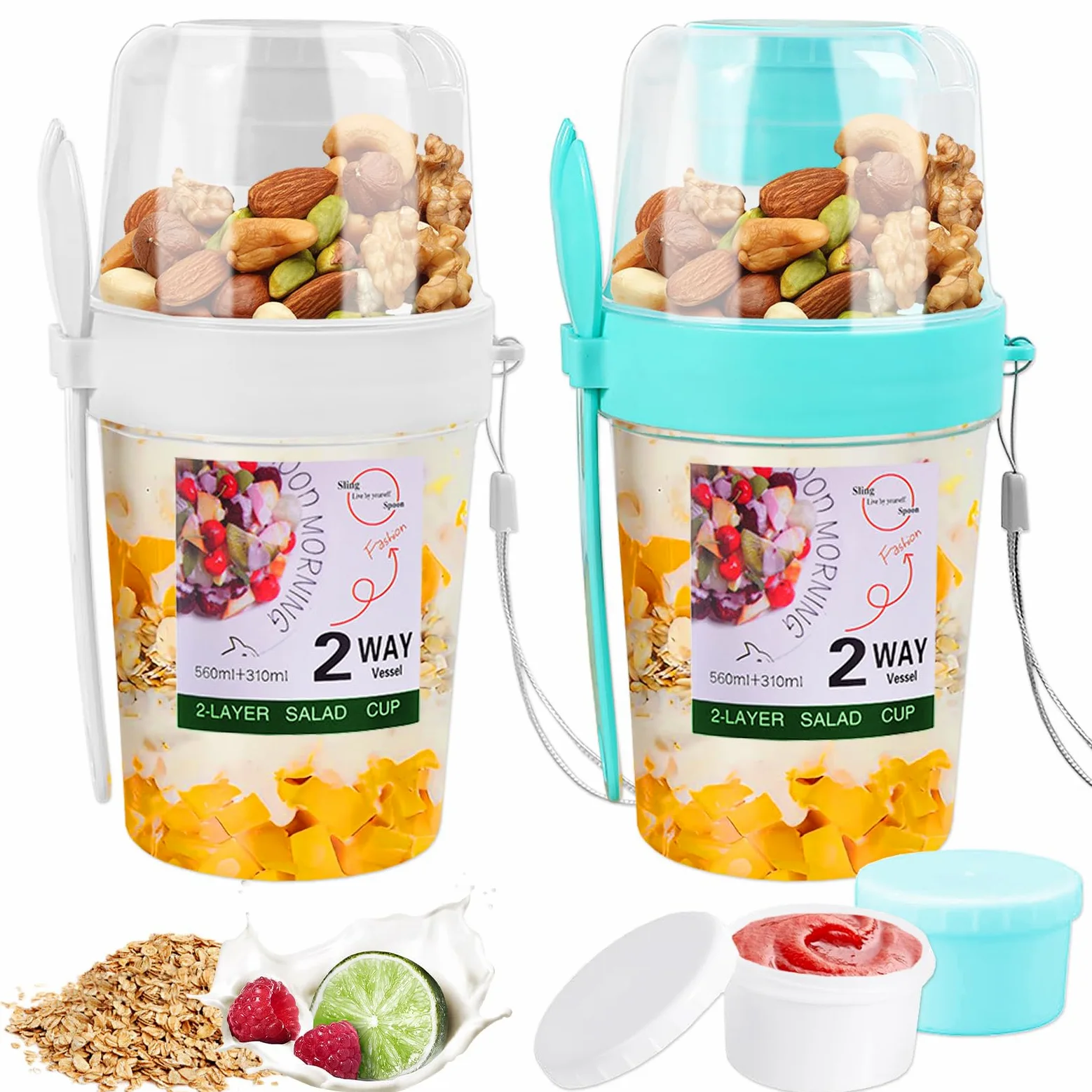 2 kubki na musli na wynos z łyżką, 560 ml + 310 ml, kubki na jogurt w podróży, 100% wolne od BPA, 3 w 1, szczelny kubek na musli na wynos, do pracy, szkoły, podróży