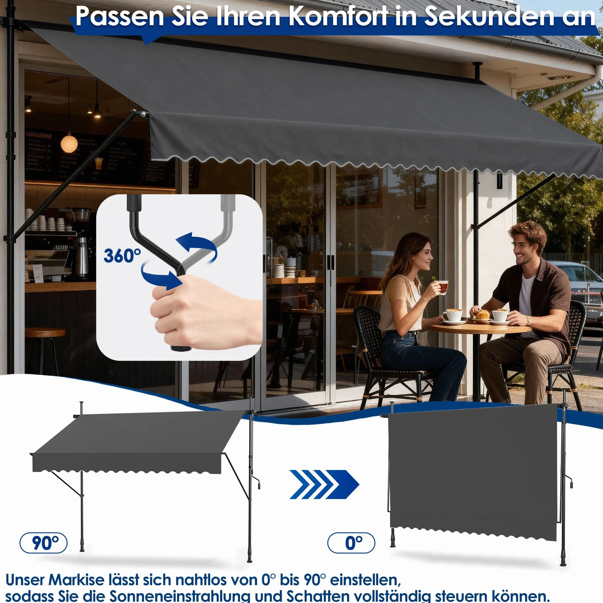 UISEBRT Namiot przeciwsłoneczny z korbą, 250 x 120 cm, regulowany, bez wiercenia, ochrona przed promieniowaniem UV, do okien, tarasów, balkonów lub ogrodów, ciemnoszary