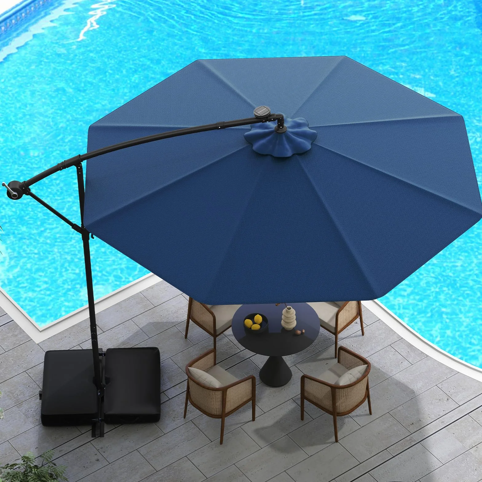 COSTWAY Parasol przeciwsłoneczny ze stojakiem i diodami LED, Ø 300 cm, z korbą, parasol ogrodowy, ochrona przed promieniowaniem UV, parasol na taras, do ogrodu, na basen, taras (niebieski)
