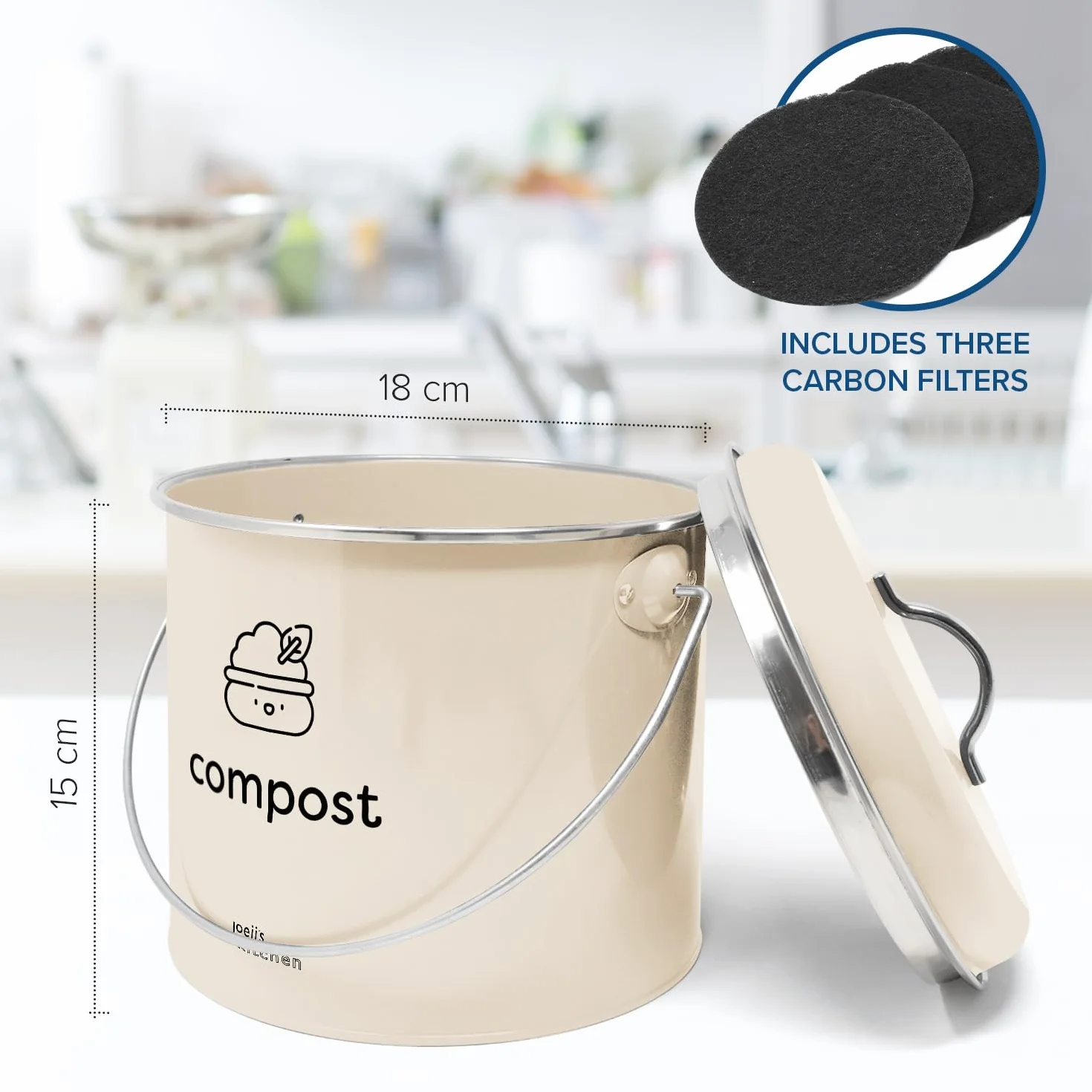 Joeji's Kitchen Kompostownik 3,5l, kompaktowy kompost kuchenny z filtrami węglowymi, stal ocynkowana, bezwonne rozwiązanie do recyklingu żywności, idealne do odpadów spożywczych