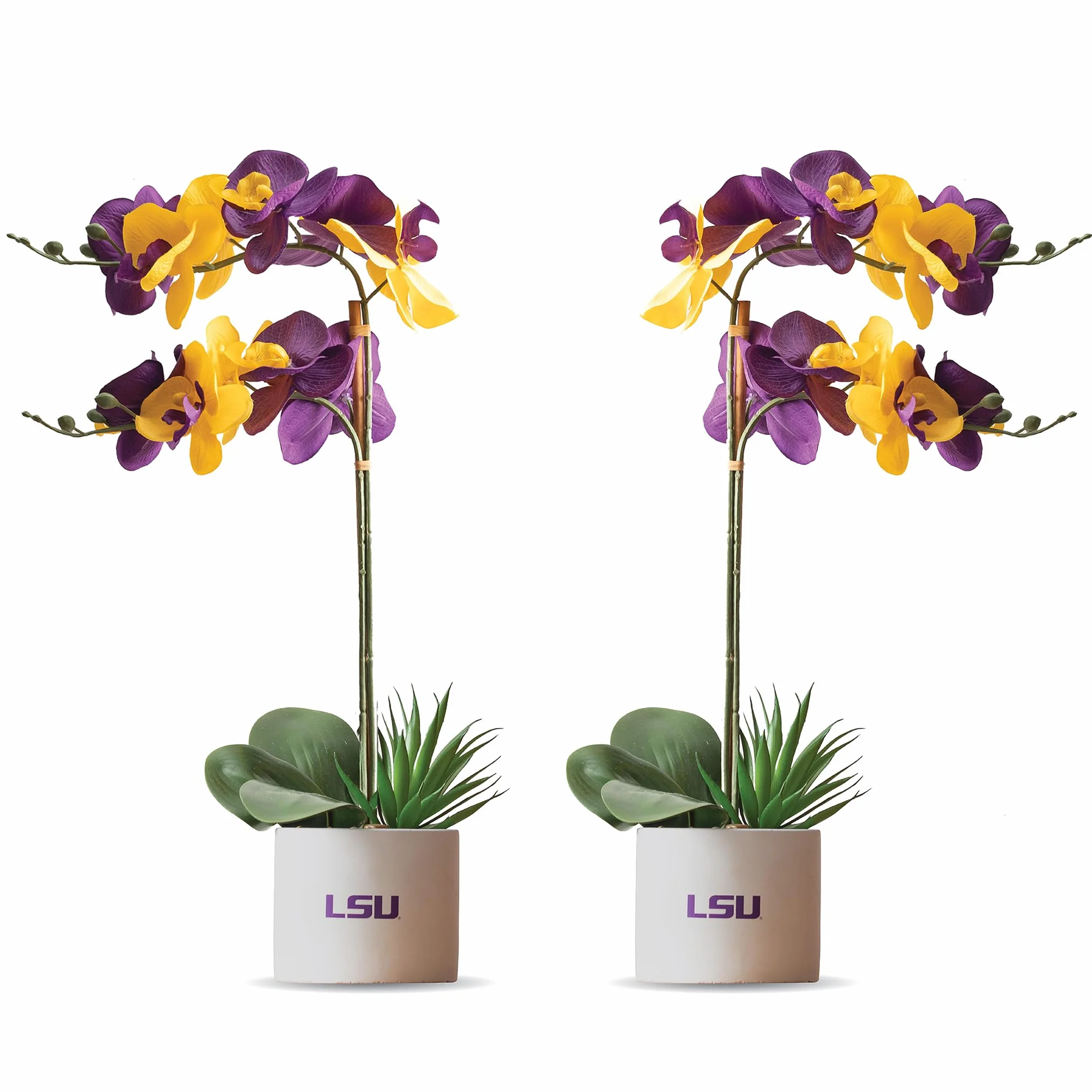LSU Zestaw 2 roślin orchidei, LSU sztuczna orchidea, prezenty LSU dla mężczyzn, prezenty LSU dla kobiet, prezenty LSU, dekoracje Uniwersytetu Luizjany, akcesoria biurowe dla mężczyzn, zestawy biurkowe