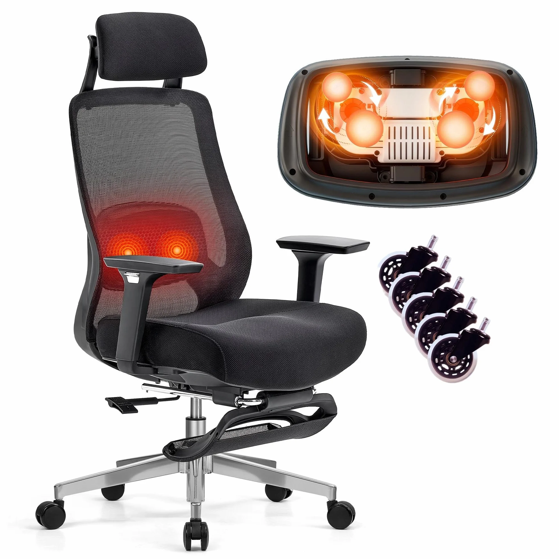 FLEXISPOT MasterEase Masażowe Krzesło Biurowe z Podnóżkiem i Gumowymi Kółkami, Ergonomiczne Krzesło Biurowe z 2D Wsparciem Lędźwiowym z Funkcją Grzania i Masażu (Czarny (z podnóżkiem PLUS kołami))
