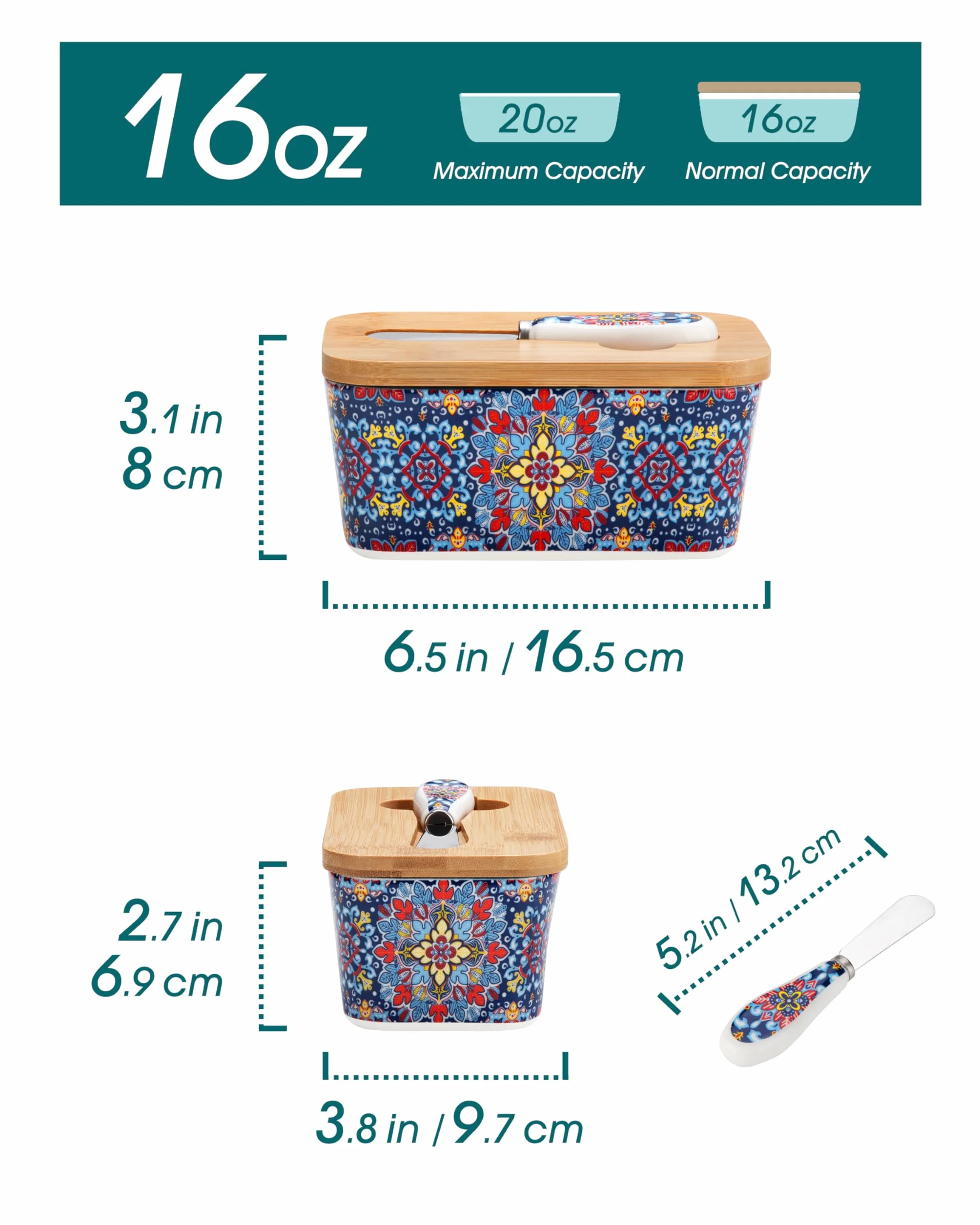 vancasso SIMI Maselniczka z pokrywką, duża maselniczka 16,5 cm, na blat, ceramiczna, z nożem i bambusową pokrywką, pojemnik na masło do blatu