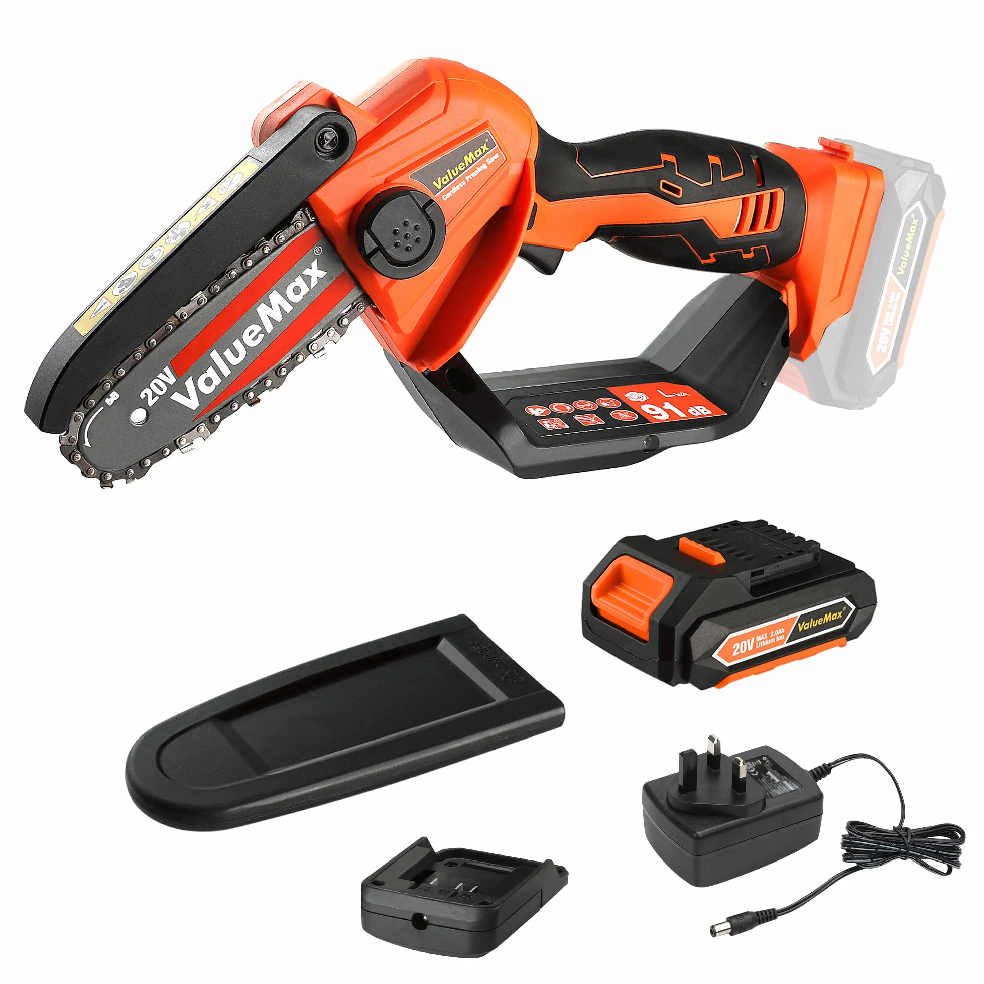 ValueMax Mini pilarka akumulatorowa 20 V z bateriami 2,0 Ah, akumulatorowa elektryczna piła łańcuchowa, maksymalna wydajność cięcia 11 CM, 3000 obr./min do cięcia drewna, przycinania ogrodu