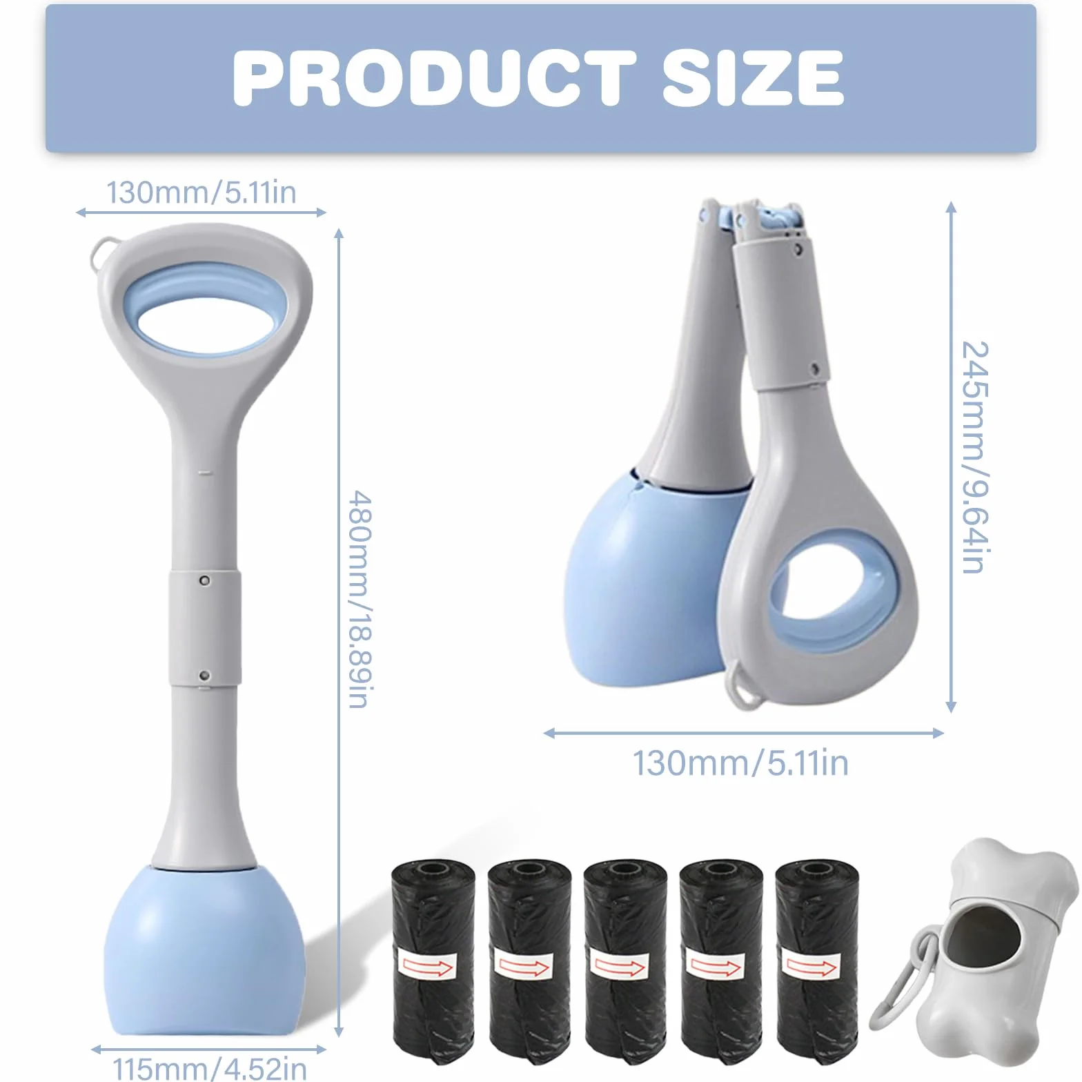 Przenośna szufla dla psów 48 cm: tworzywo ABS, składany pojemnik na odchody dla psów, ergonomiczny uchwyt z dozownikiem worków, na podwórko, do ogrodu, do czyszczenia trawnika, błękitna