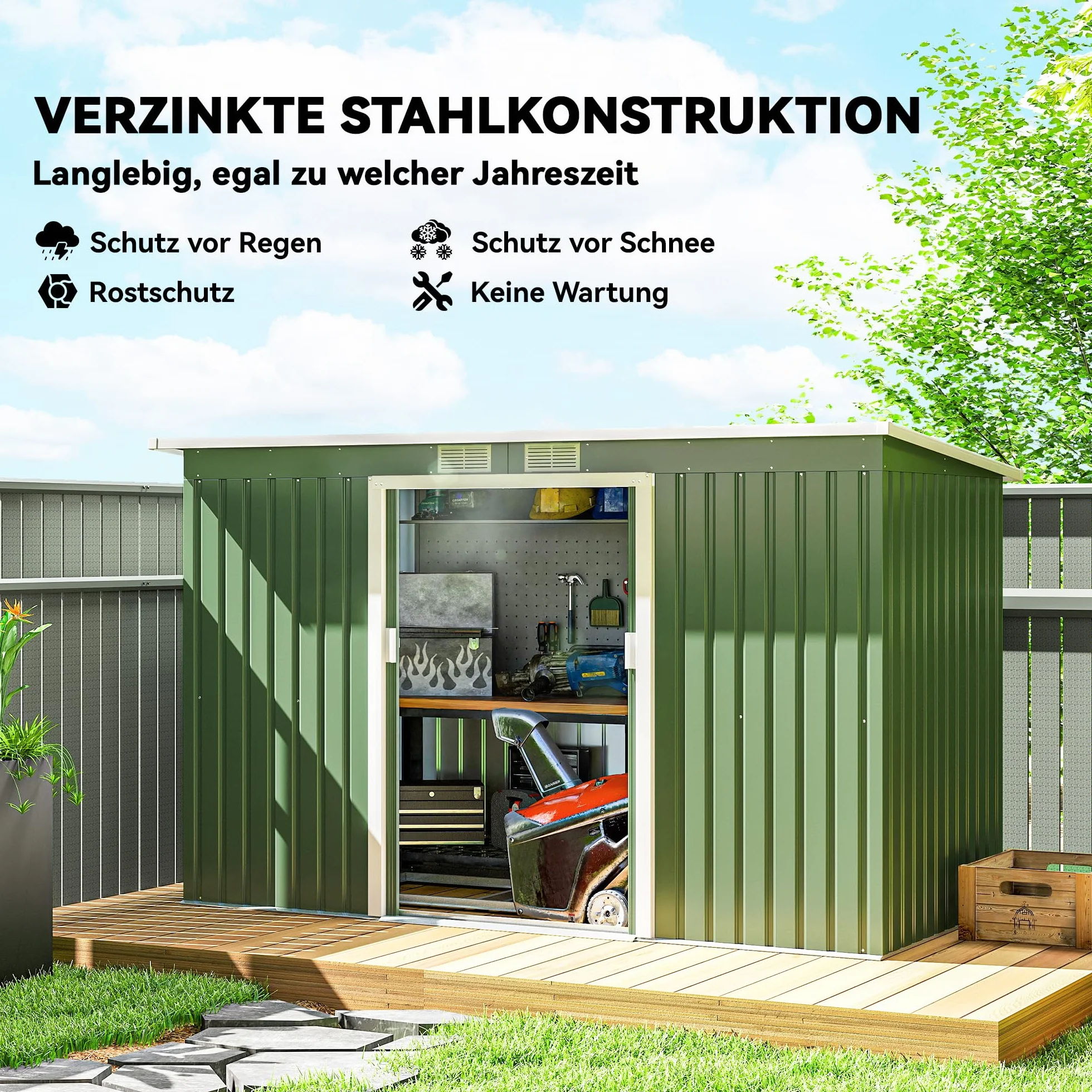 Outsunny Domek narzędziowy, Domek ogrodowy, Szopa na narzędzia z drzwiami przesuwnymi, okienka wentylacyjne, dach jednospadowy, zewnętrzny, stalowy, jasnozielony, 280 x 130 x 172 cm
