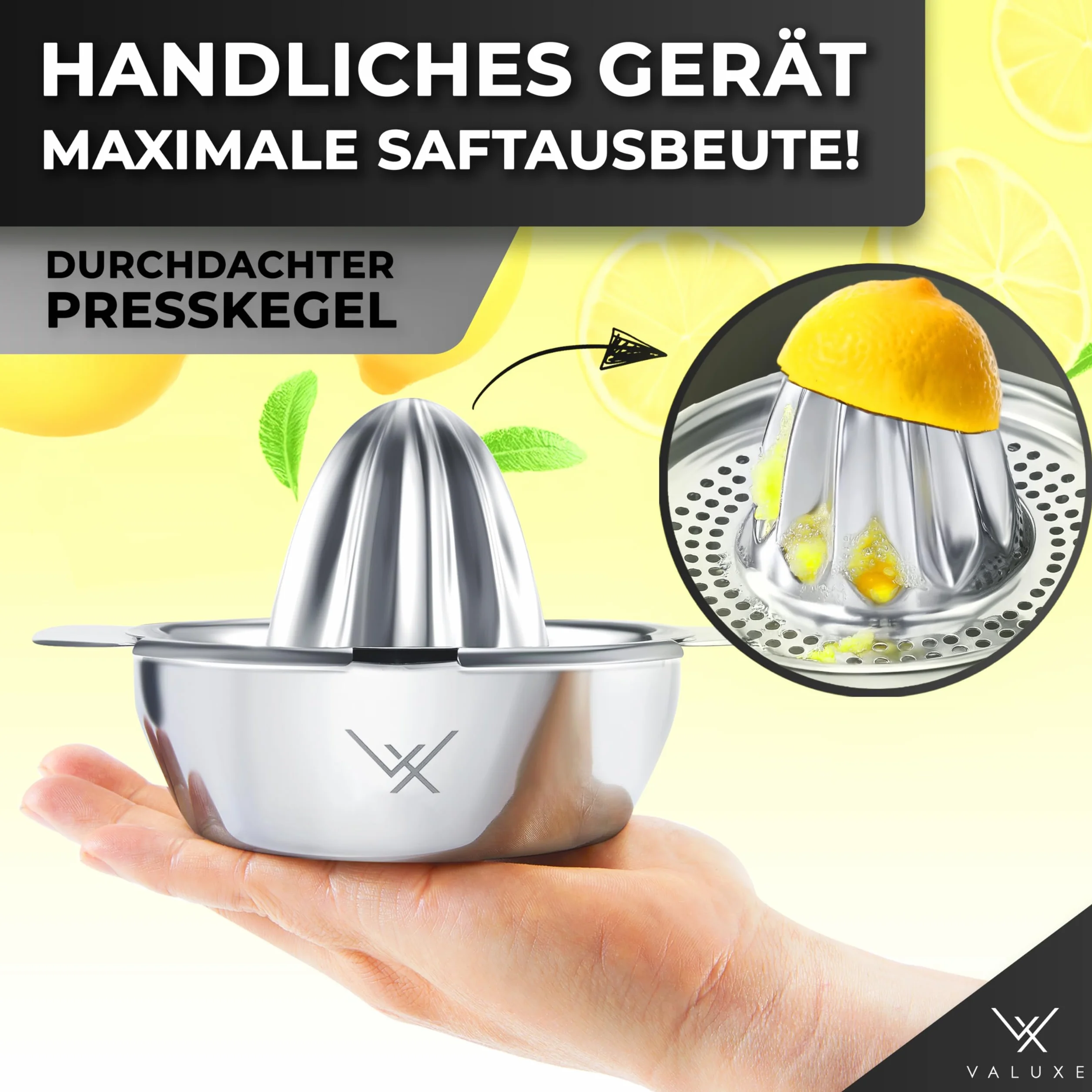 VALUXE Wysokiej jakości wyciskarka do cytrusów ze stali nierdzewnej – wyciskarka do cytrusów, cytryn, limonek i pomarańczy z pojemnikiem 350 ml – ręczna wyciskarka do limonek, nadaje się do mycia w