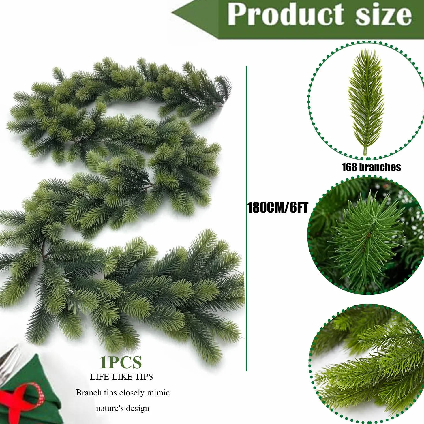 Sztuczna girlanda bożonarodzeniowa z drewna sosnowego, z tworzywa sztucznego, 180 cm, girlanda bożonarodzeniowa na schody, stół, ścianę, dekoracja bożonarodzeniowa do wewnątrz i na zewnątrz