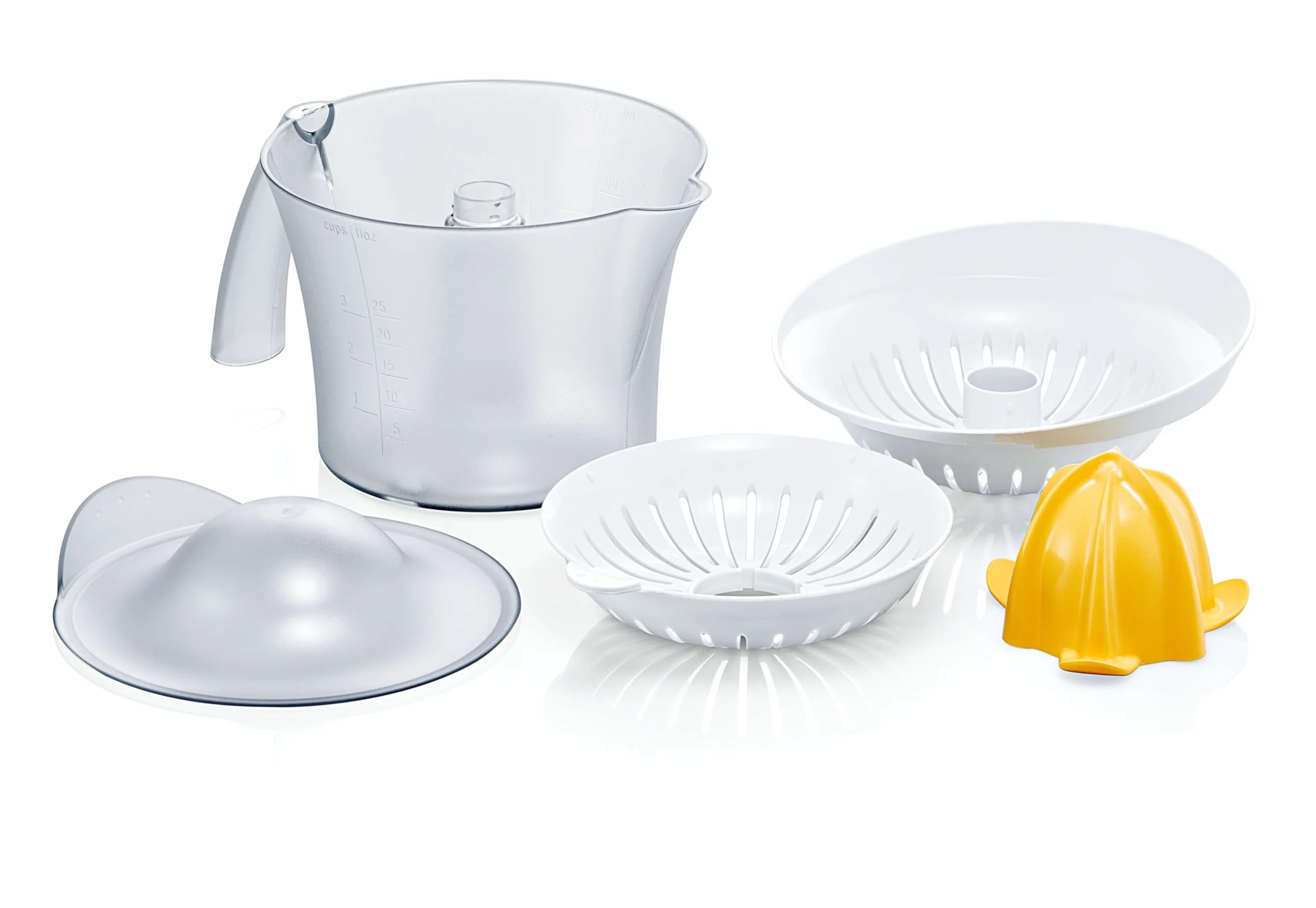 Bosch Wyciskarka do cytrusów VitaPress MCP3500N, uniwersalna wyciskarka do małych i dużych owoców, wysoka wydajność, pojemnik na sok 0,8 l, możliwość mycia w zmywarce, 25 W, biało-żółta