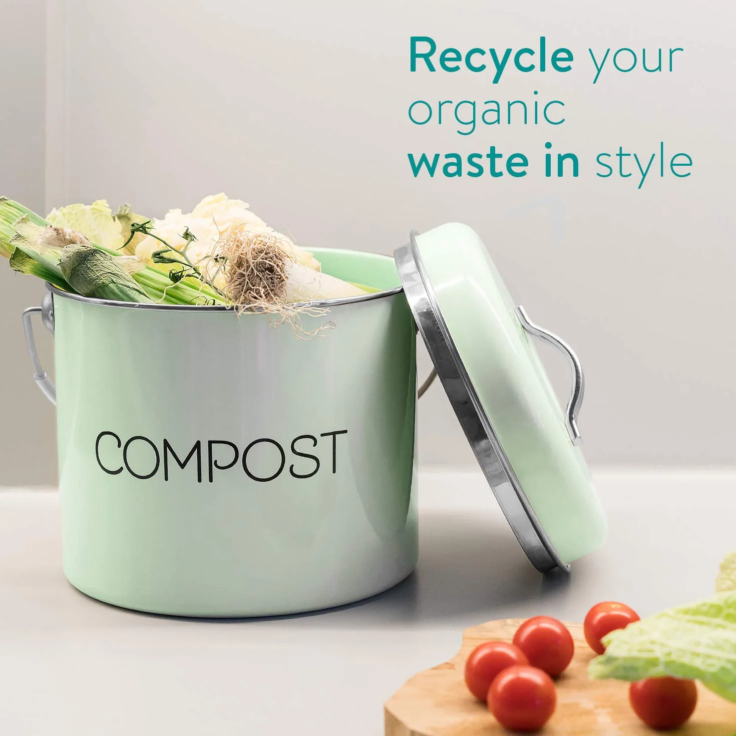 Navaris Metalowy kosz na kompost, 3 l, kuchenne wiadro do kompostowania z filtrem węglowym i pokrywką, do recyklingu ekologicznych odpadów spożywczych w pomieszczeniach, miętowa zieleń
