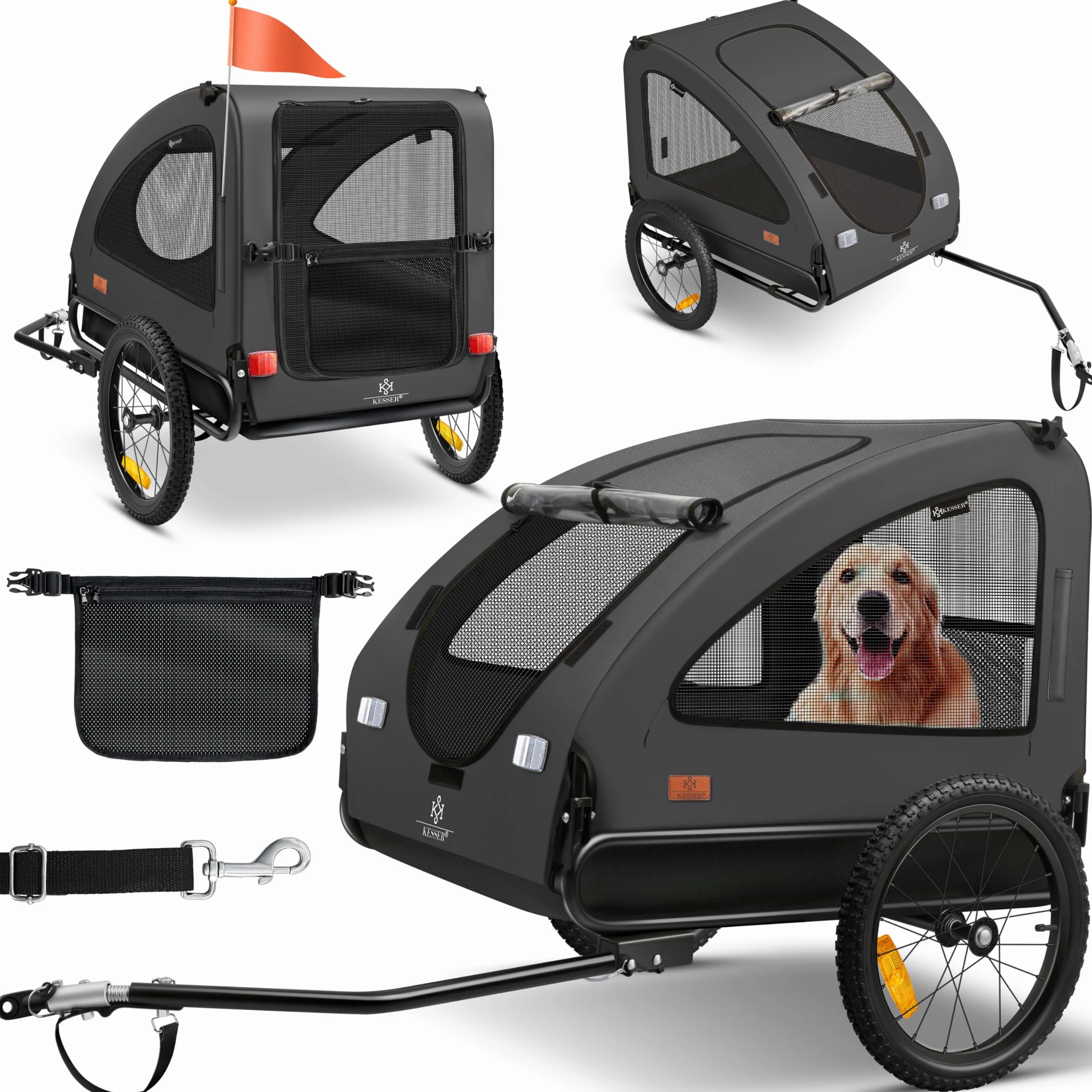 KESSER® Zawieszka dla psa 2 w 1 przyczepka rowerowa dla psa, duża pojemność ok. 250 l, w zestawie flaga i torba, płótno Oxford 600D, składany, SmartSpace Concept, maks. 45 kg